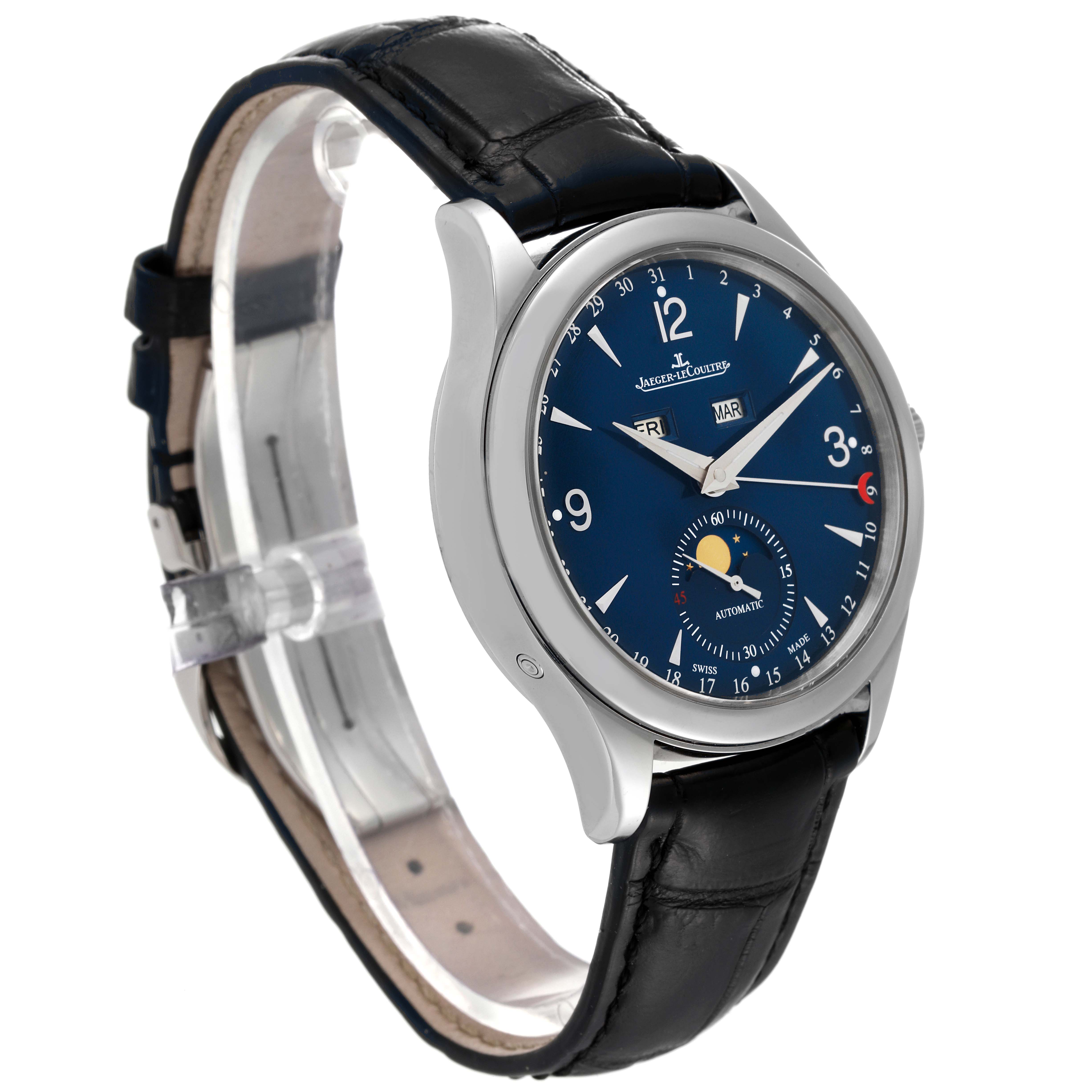 The Jaeger LeCoultre Master 176.8.12.S Men's Stainless Steel Blue Dial 176.8.12.S Men's Stainless Steel Blue Dial model watch is shown from an angled side view, displaying its face, bezel, and strap clearly.