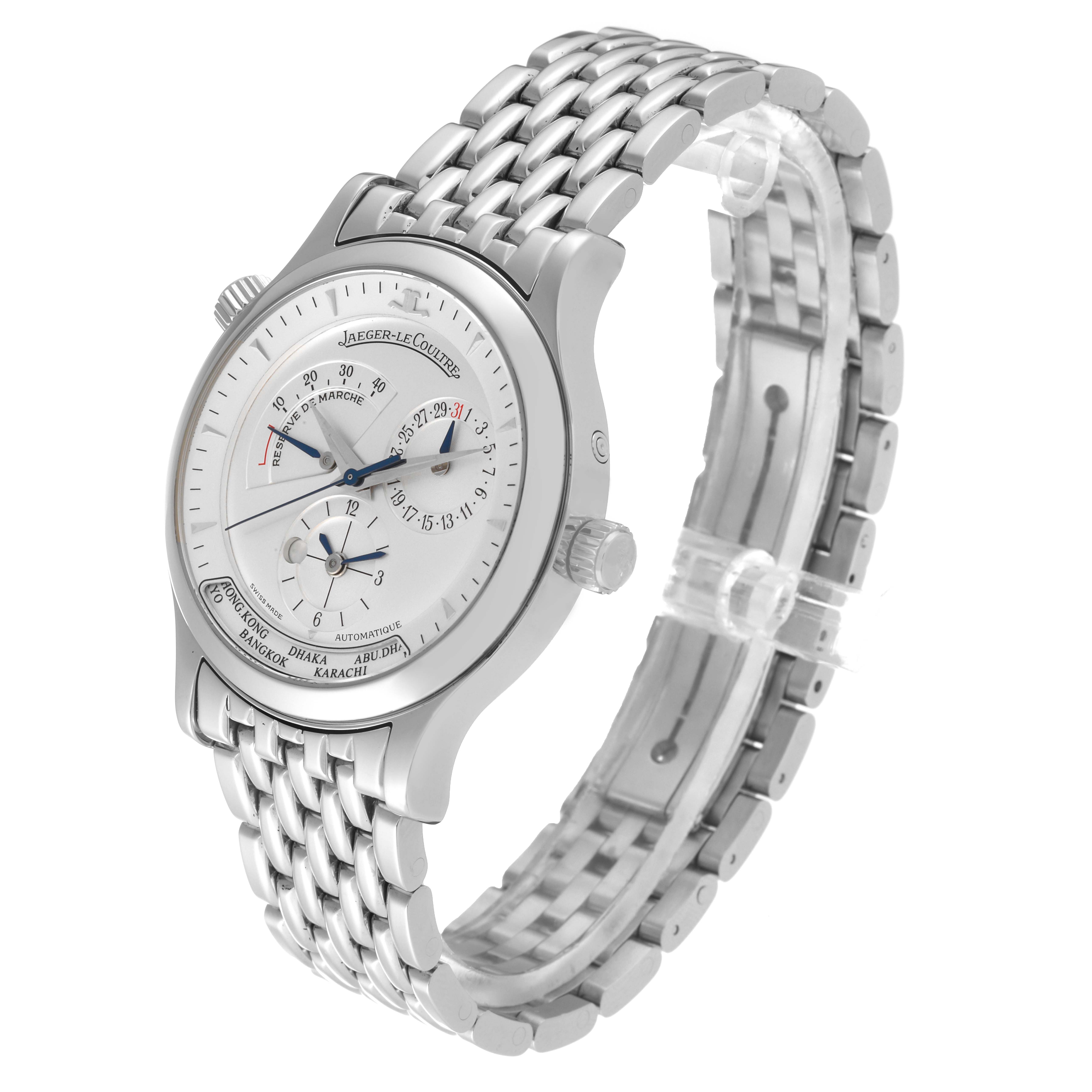 The image shows a Jaeger-LeCoultre Master model watch viewed from an angled side perspective, highlighting the face and metal bracelet.