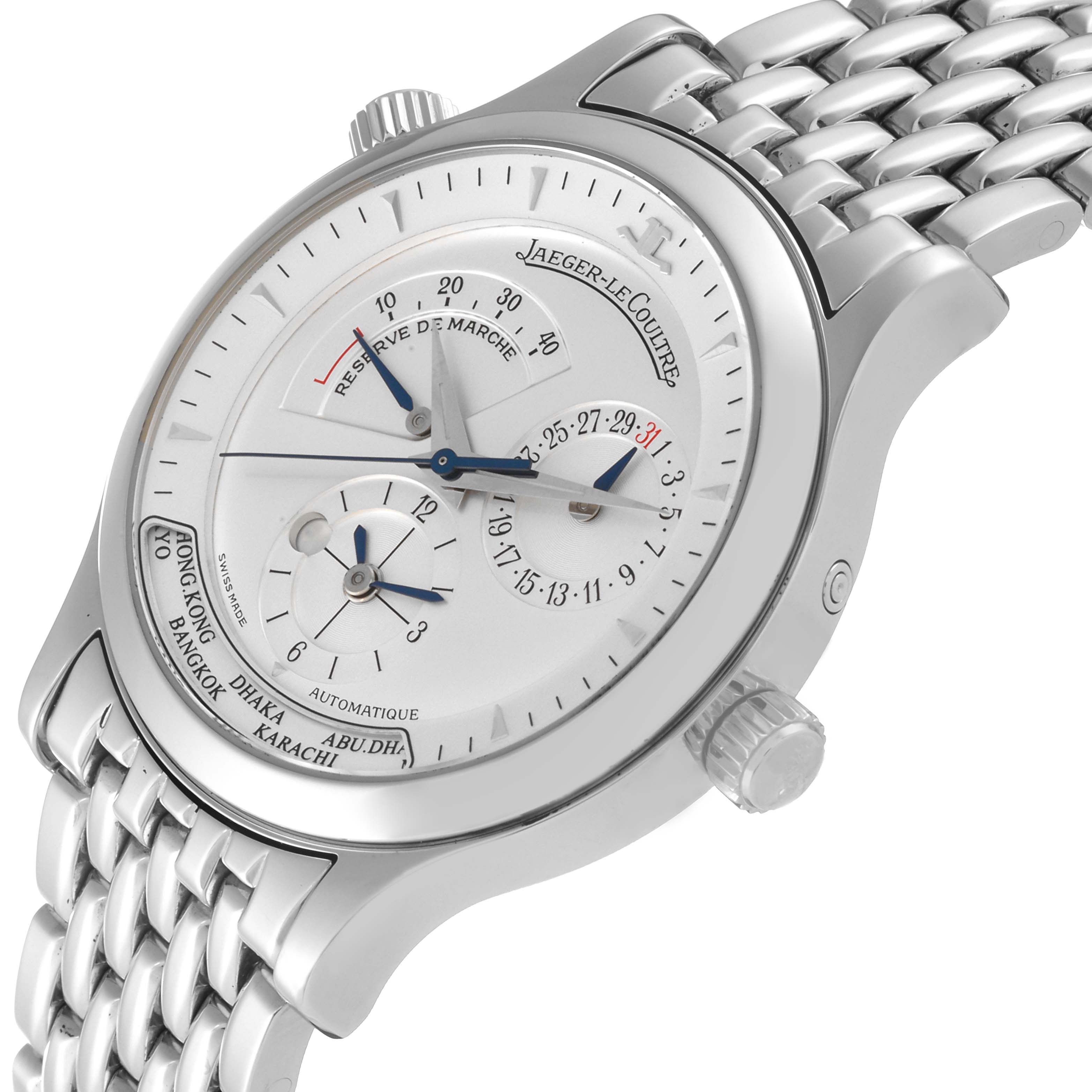 This image showcases a Jaeger LeCoultre Master Q1428120 Men's Stainless Steel Silver Dial Q1428120 Men's Stainless Steel Silver Dial model watch at a three-quarter angle, highlighting the face, dials, and stainless steel bracelet.