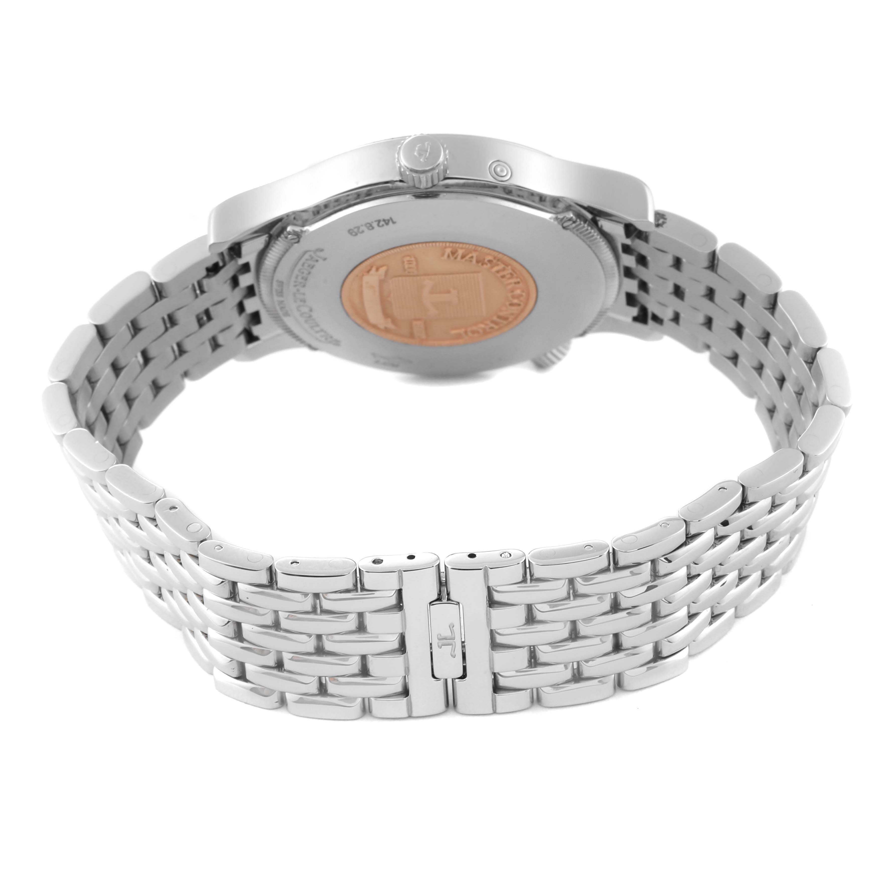 This image shows the back and bracelet of a Jaeger-LeCoultre Master model watch, including the clasp and case back details.