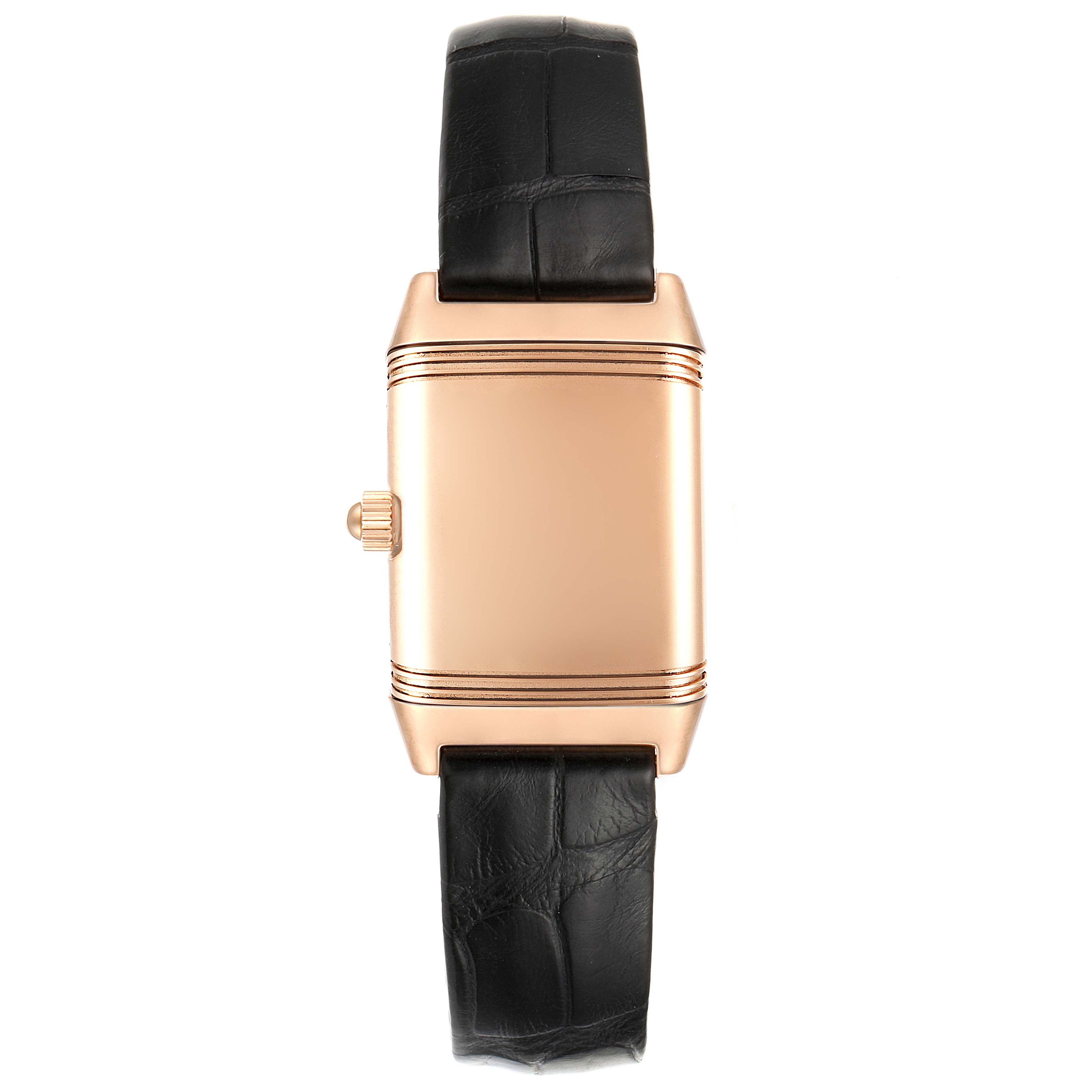 The image shows the front view of the Jaeger LeCoultre Reverso Q2651430 Women's Rose Gold Silver Dial Q2651430 Women's Rose Gold Silver Dial watch with a rectangular case and black leather strap.