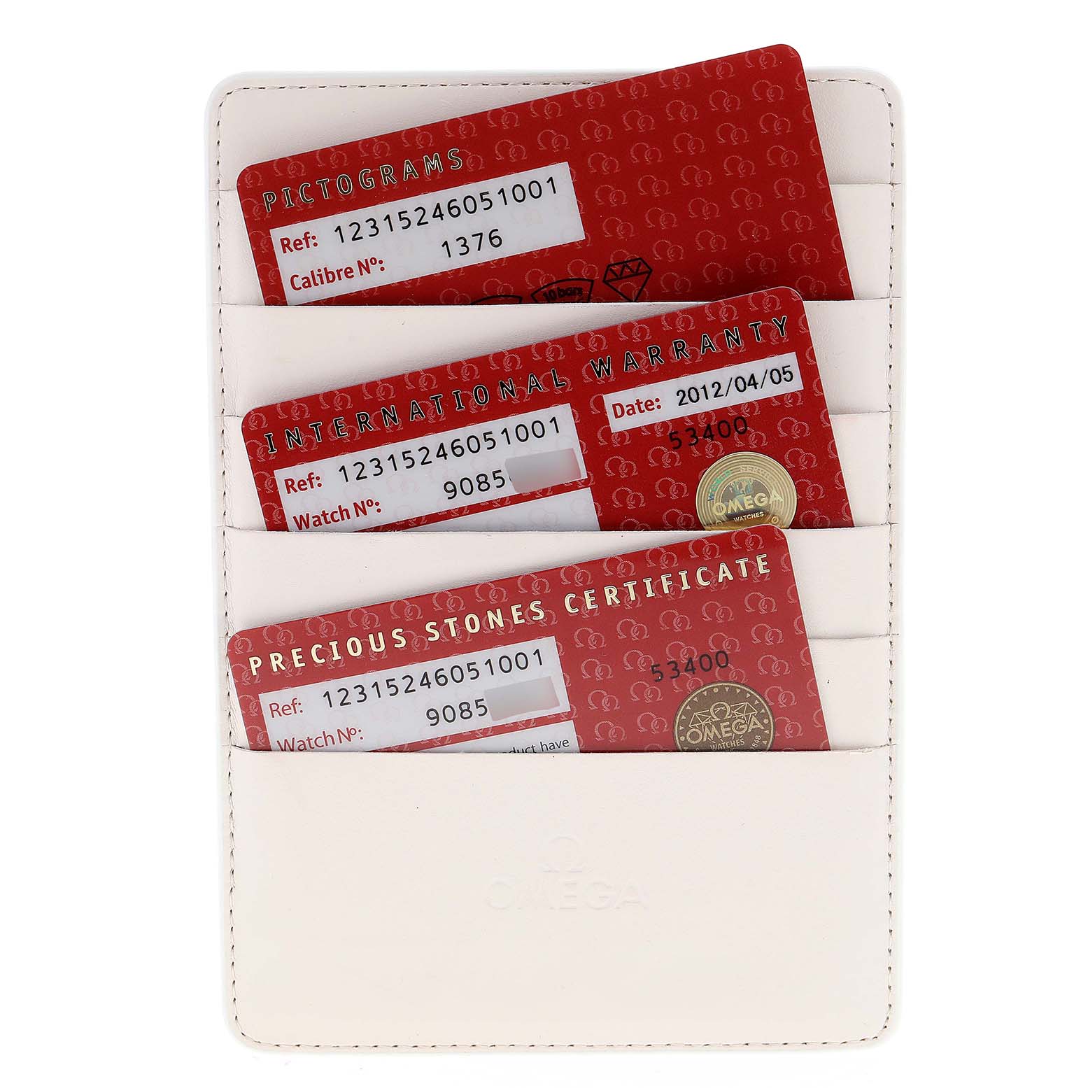 This image shows the cards and documentation for an Omega 123.15.24.60.51.001 Women's Stainless Steel Black Dial 123.15.24.60.51.001 Women's Stainless Steel Black Dial Constellation 24 Black Dial Diamond Steel Watch, model 123.15.24.60.51.001.