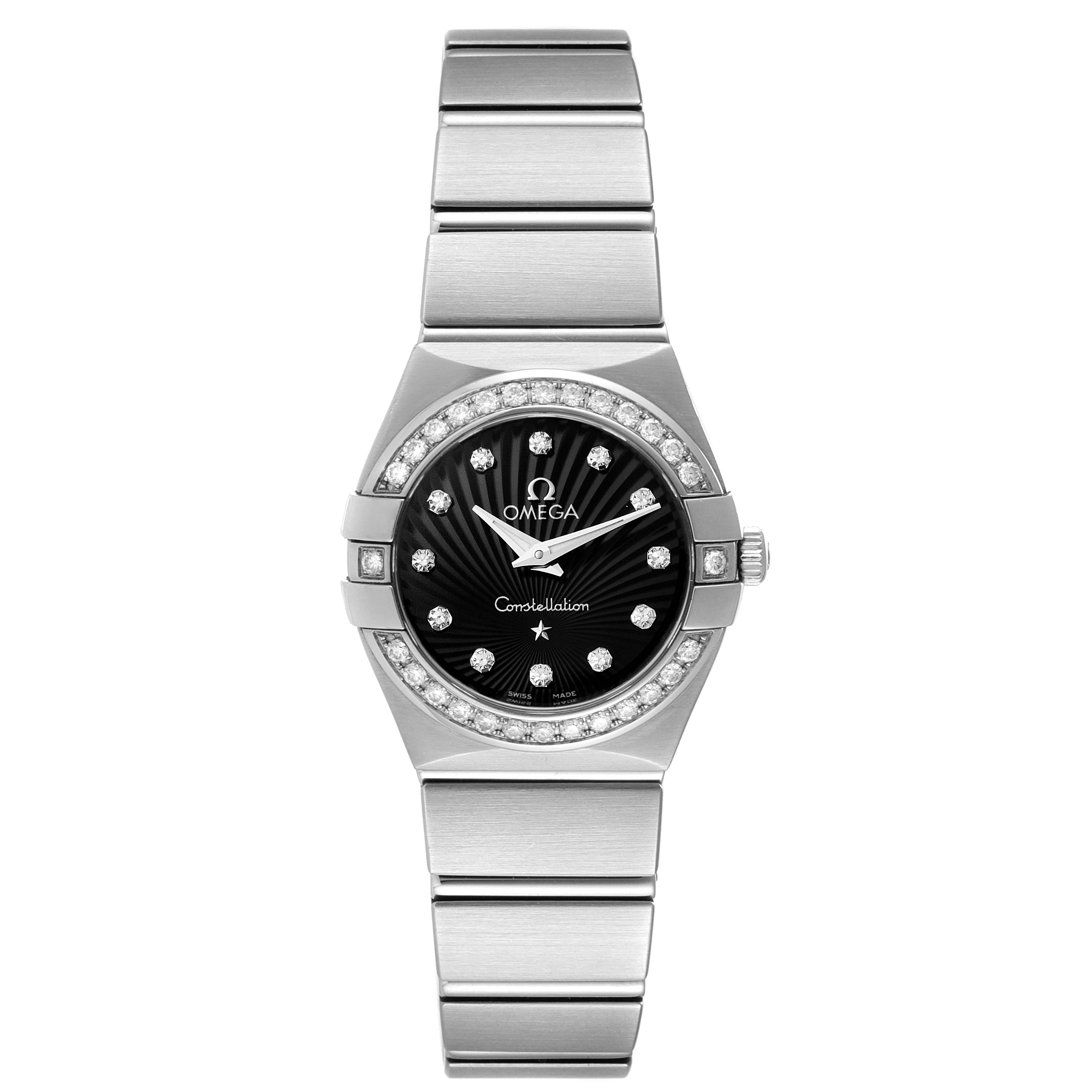 The image shows a front view of the Omega 123.15.24.60.51.001 Women's Stainless Steel Black Dial 123.15.24.60.51.001 Women's Stainless Steel Black Dial Constellation 24 Black Dial Diamond Steel Watch 123.15.24.60.51.001, highlighting its face and bracelet.
