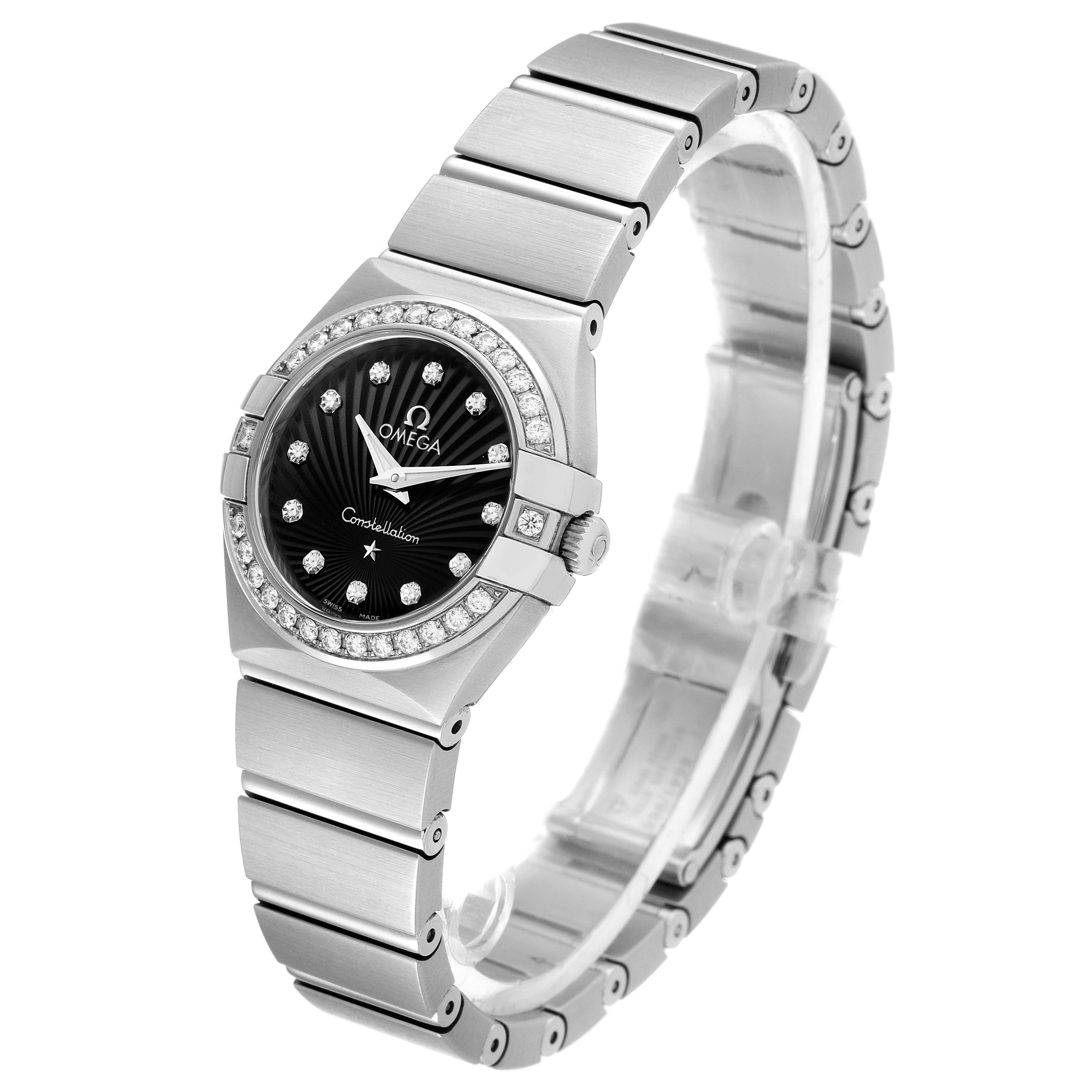 The image shows the Omega 123.15.24.60.51.001 Women's Stainless Steel Black Dial 123.15.24.60.51.001 Women's Stainless Steel Black Dial Constellation 24 Black Dial Diamond Steel Watch 123.15.24.60.51.001 from a front-left angle.
