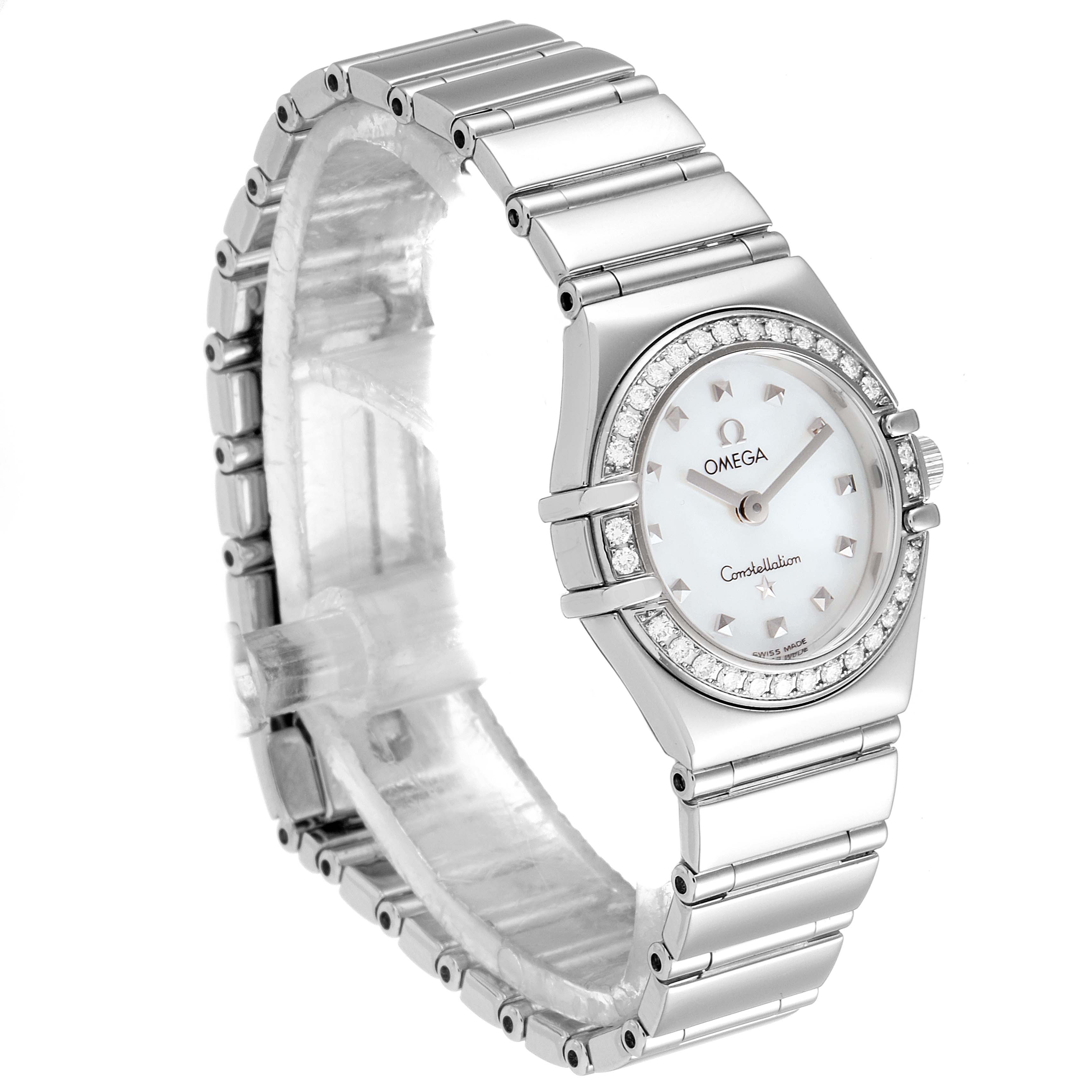 The Omega 1465.71.00 Women
s Stainless Steel Mother of Pearl Dial 1465.71.00 Women
s Stainless Steel Mother of Pearl Dial Constellation My Choice Mini Diamond Steel Ladies Watch 1465.71.00 is shown at a three-quarter angle, highlighting its bracelet, face, and bezel.