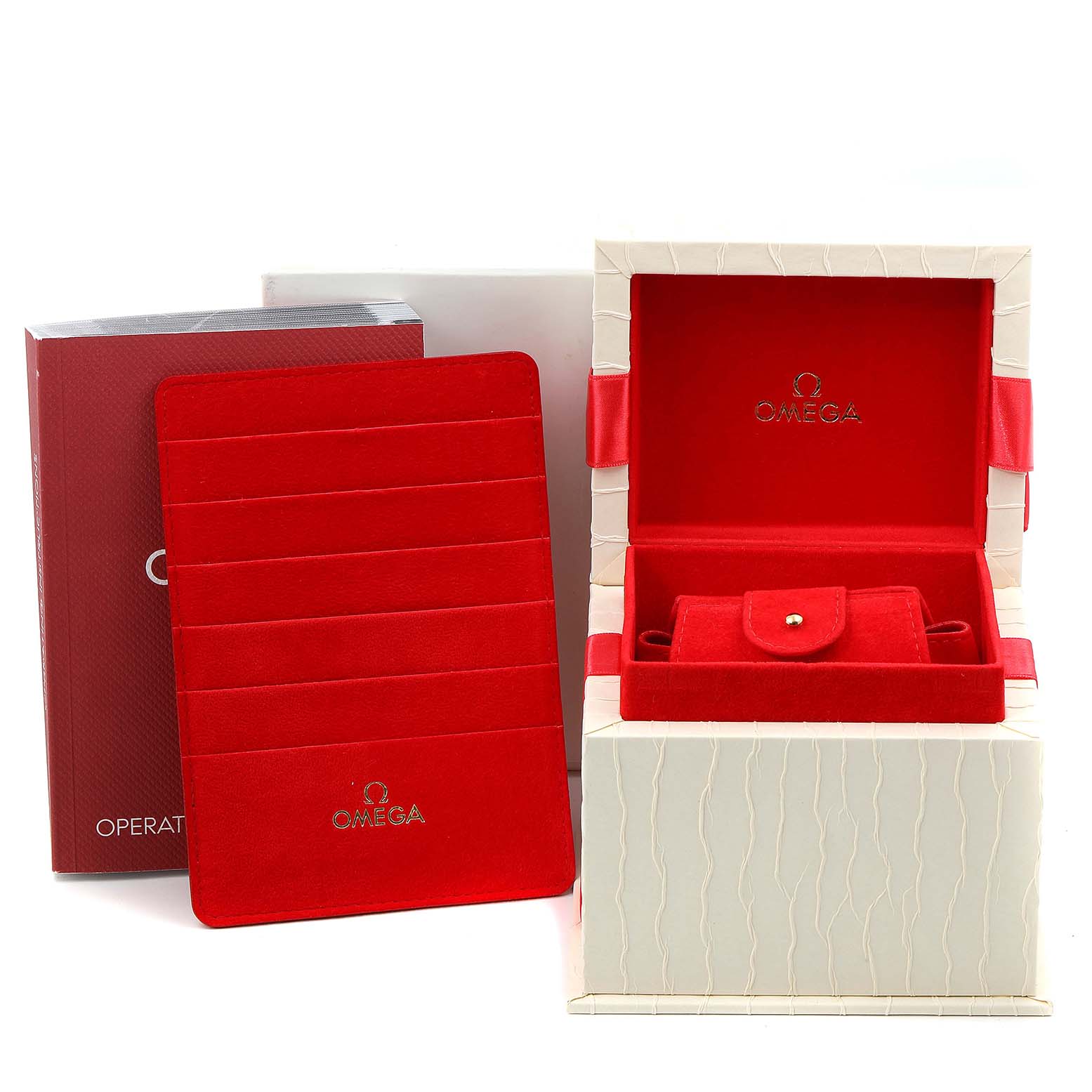 The image shows packaging, including a box and a booklet, for the Omega 1465.71.00 Women
s Stainless Steel Mother of Pearl Dial 1465.71.00 Women
s Stainless Steel Mother of Pearl Dial Constellation My Choice Mini Diamond Steel Ladies Watch 1465.71.00.