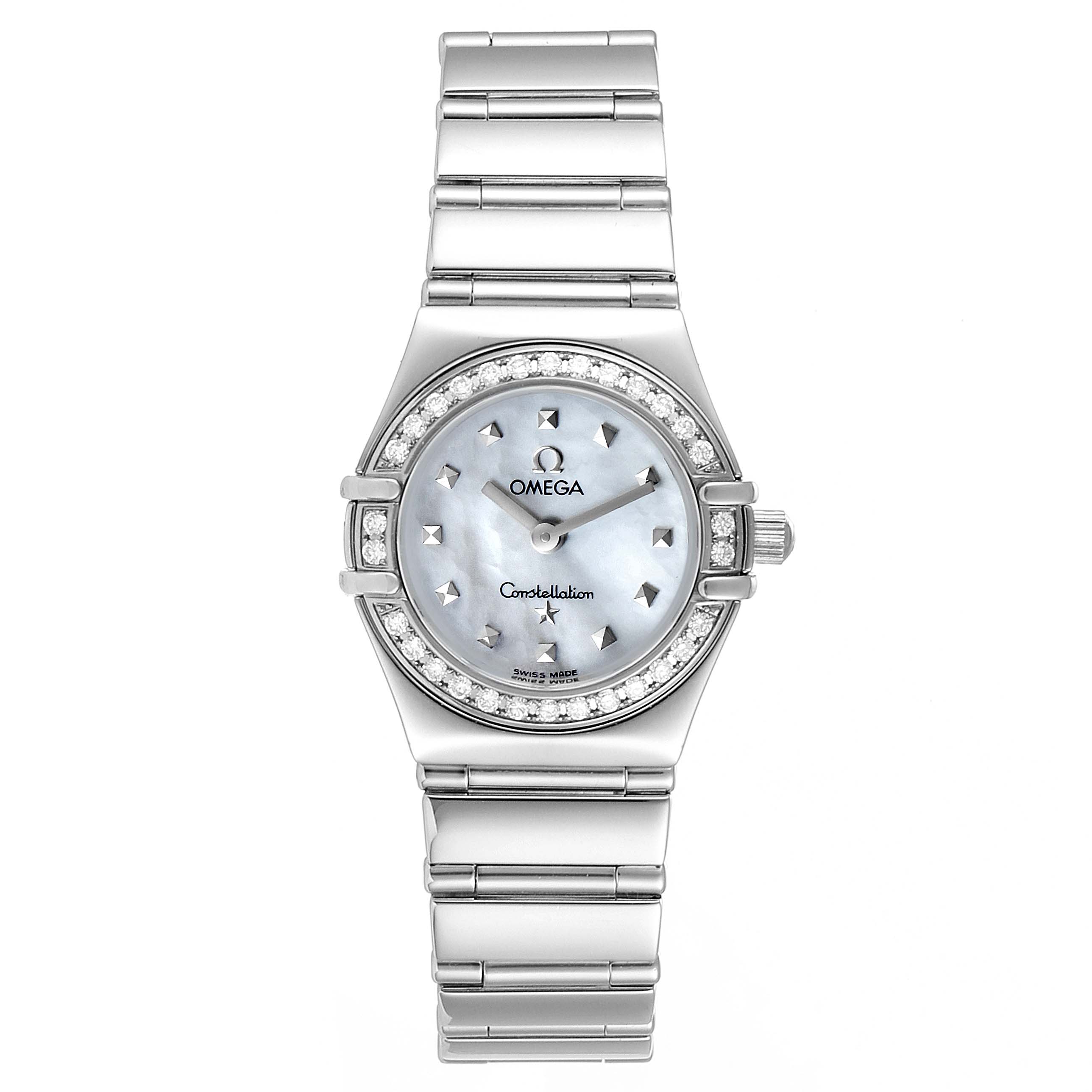 The image shows a front view of the Omega 1465.71.00 Women
s Stainless Steel Mother of Pearl Dial 1465.71.00 Women
s Stainless Steel Mother of Pearl Dial Constellation My Choice Mini Diamond Steel Ladies Watch model 1465.71.00.