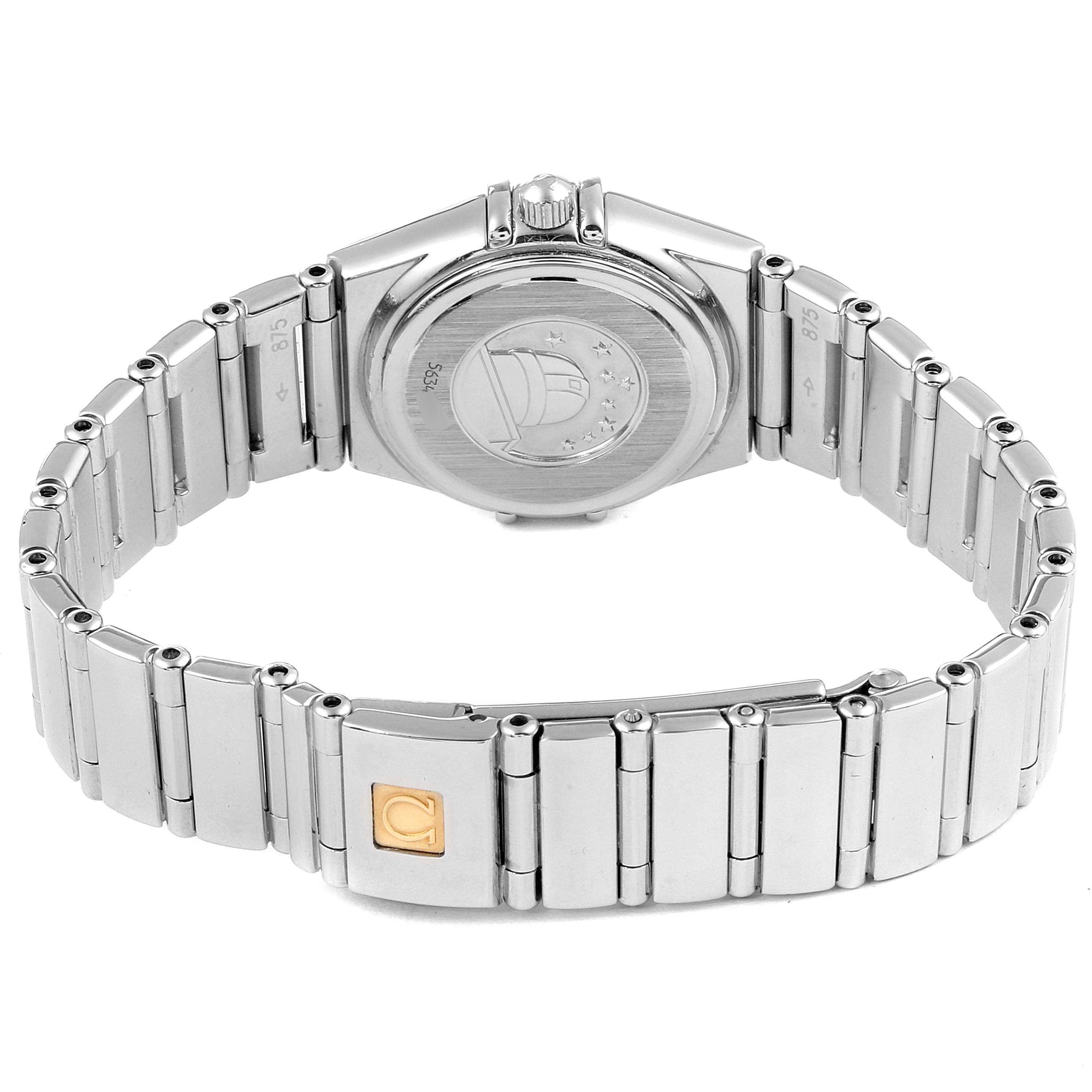 The image shows the back and bracelet of the Omega 1465.71.00 Women
s Stainless Steel Mother of Pearl Dial 1465.71.00 Women
s Stainless Steel Mother of Pearl Dial Constellation My Choice Mini Diamond Steel Ladies Watch 1465.71.00.