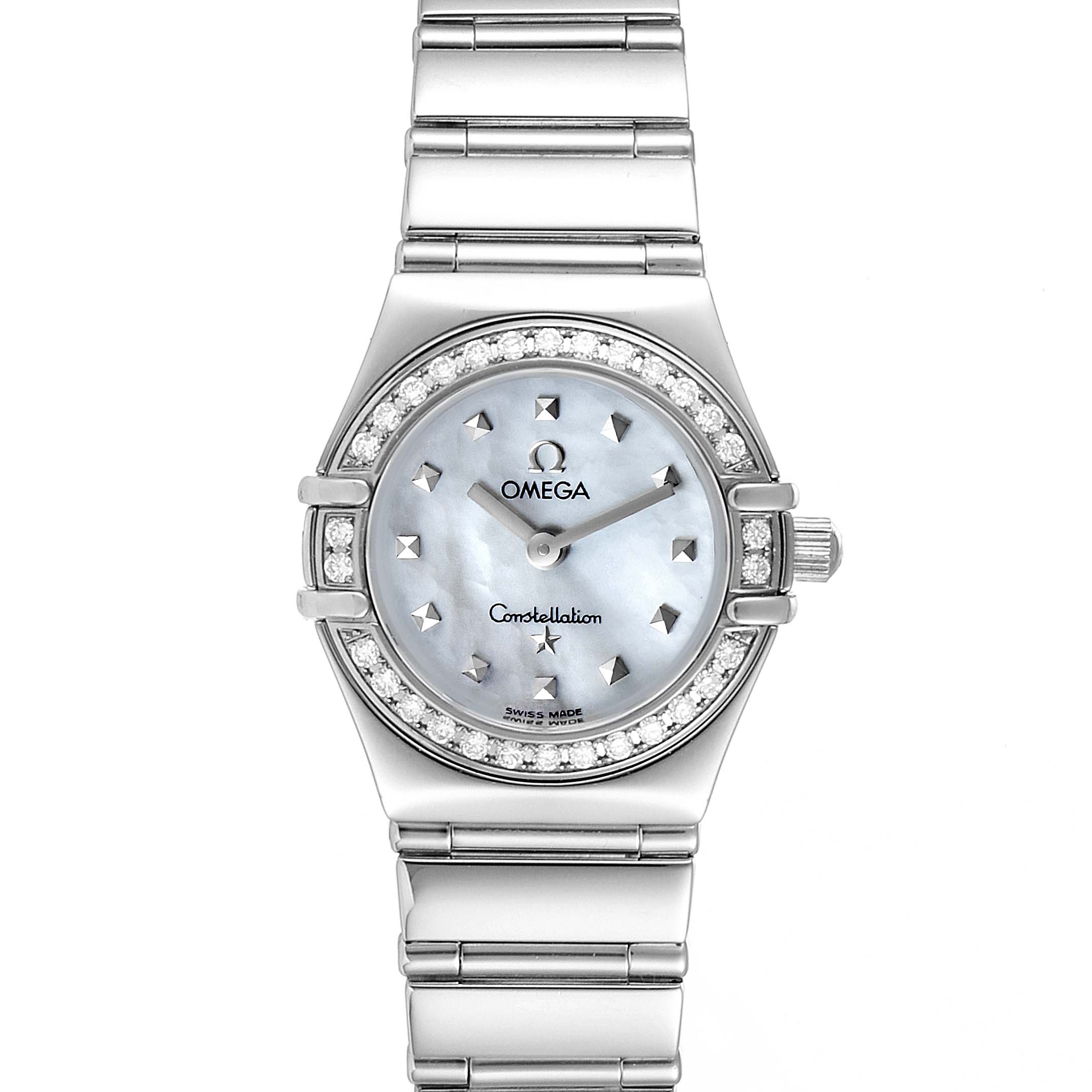 The Omega 1465.71.00 Women
s Stainless Steel Mother of Pearl Dial 1465.71.00 Women
s Stainless Steel Mother of Pearl Dial Constellation My Choice Mini Diamond Steel Ladies Watch 1465.71.00 is shown from a top-down angle, displaying the watch face, bezel, and part of the band.