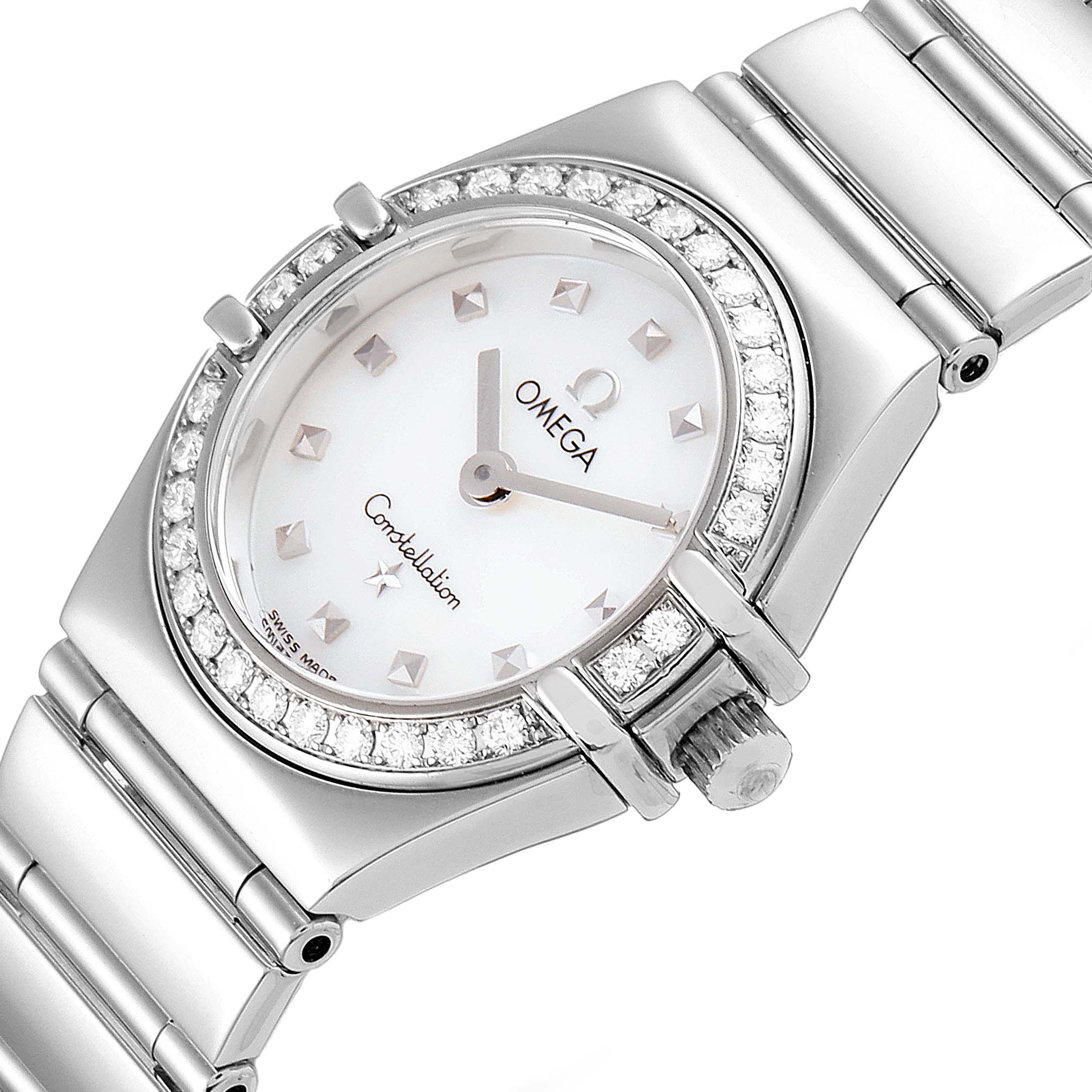 The Omega 1465.71.00 Women
s Stainless Steel Mother of Pearl Dial 1465.71.00 Women
s Stainless Steel Mother of Pearl Dial Constellation My Choice Mini Diamond Steel Ladies Watch 1465.71.00 is shown at an angle highlighting the face, bezel, and band.