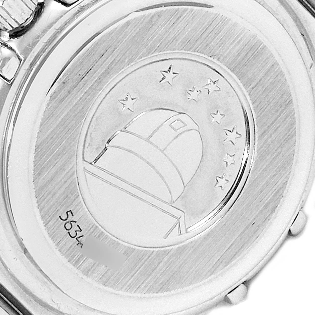This image shows the engraved case back of the Omega 1465.71.00 Women
s Stainless Steel Mother of Pearl Dial 1465.71.00 Women
s Stainless Steel Mother of Pearl Dial Constellation My Choice Mini Diamond Steel Ladies Watch 1465.71.00.