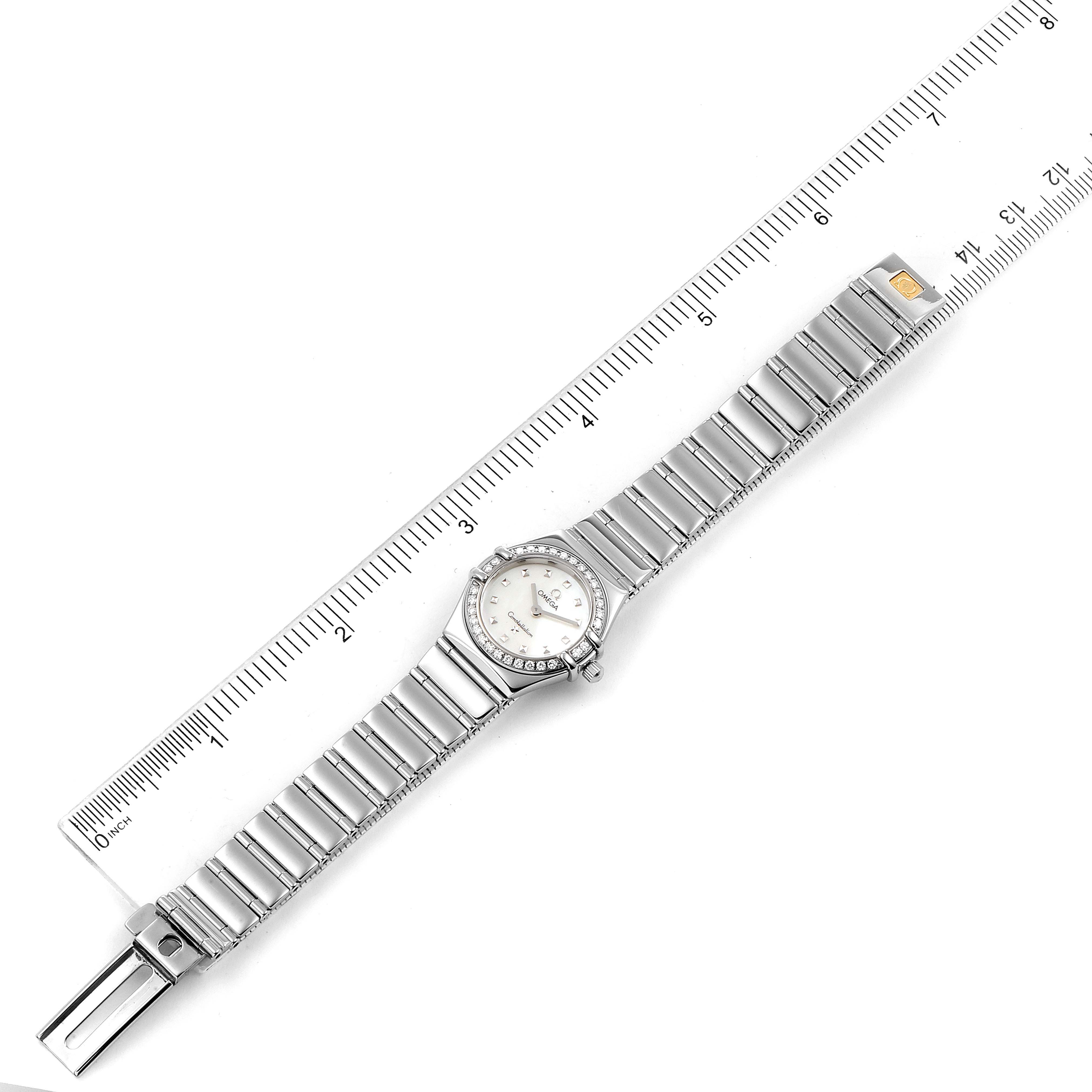 The Omega 1465.71.00 Women
s Stainless Steel Mother of Pearl Dial 1465.71.00 Women
s Stainless Steel Mother of Pearl Dial Constellation My Choice Mini Diamond Steel Ladies Watch 1465.71.00 is shown from a top-down angle with its strap fully extended.