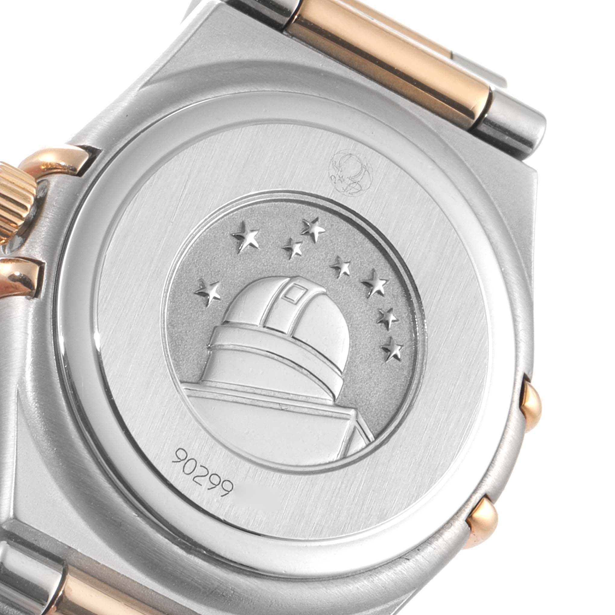 The image shows the back of the Omega 1360.75.00 Women's Steel and Gold (two tone) Mother of Pearl Dial 1360.75.00 Women's Steel and Gold (two tone) Mother of Pearl Dial Constellation My Choice Steel Rose Gold Diamond Ladies Watch 1360.75.00 model.