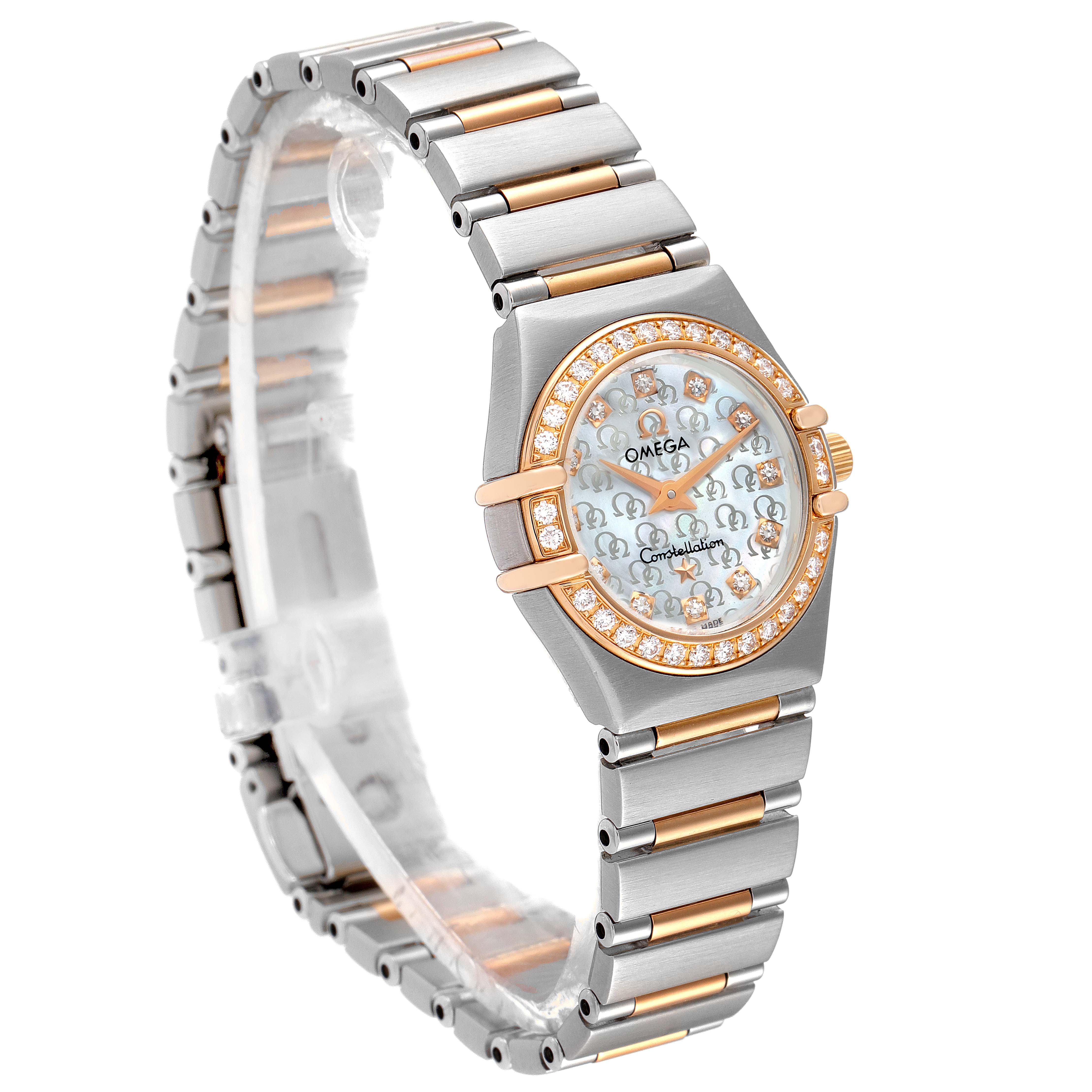 The image shows the Omega 1360.75.00 Women's Steel and Gold (two tone) Mother of Pearl Dial 1360.75.00 Women's Steel and Gold (two tone) Mother of Pearl Dial Constellation My Choice Steel Rose Gold Diamond Ladies Watch 1360.75.00 at a three-quarter angle.