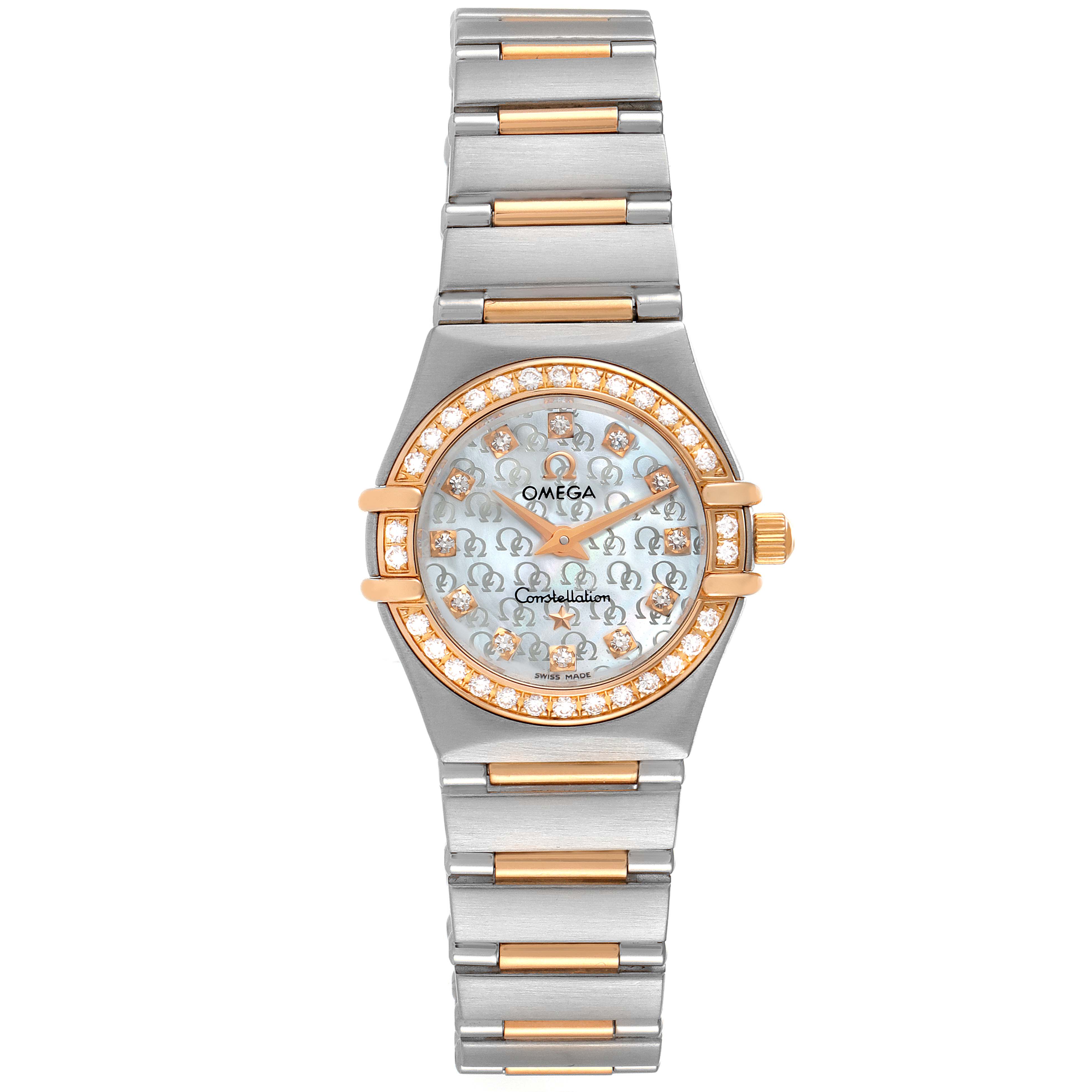 The image shows a front view of the Omega 1360.75.00 Women's Steel and Gold (two tone) Mother of Pearl Dial 1360.75.00 Women's Steel and Gold (two tone) Mother of Pearl Dial Constellation My Choice Steel Rose Gold Diamond Ladies Watch 1360.75.00, displaying the face and bracelet.