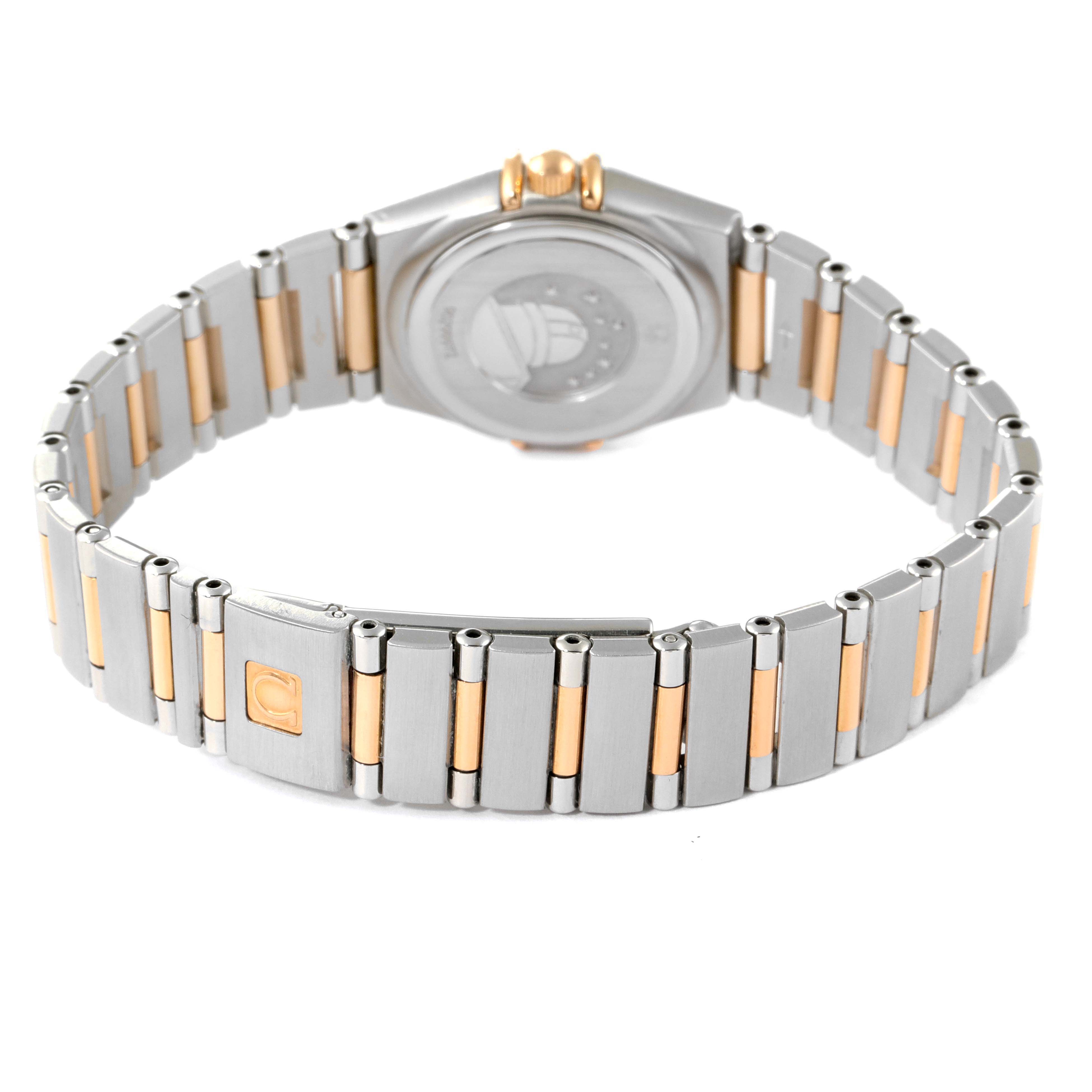 The image shows the back view of an Omega 1360.75.00 Women's Steel and Gold (two tone) Mother of Pearl Dial 1360.75.00 Women's Steel and Gold (two tone) Mother of Pearl Dial Constellation My Choice Steel Rose Gold Diamond Ladies Watch 1360.75.00, highlighting the bracelet and clasp.