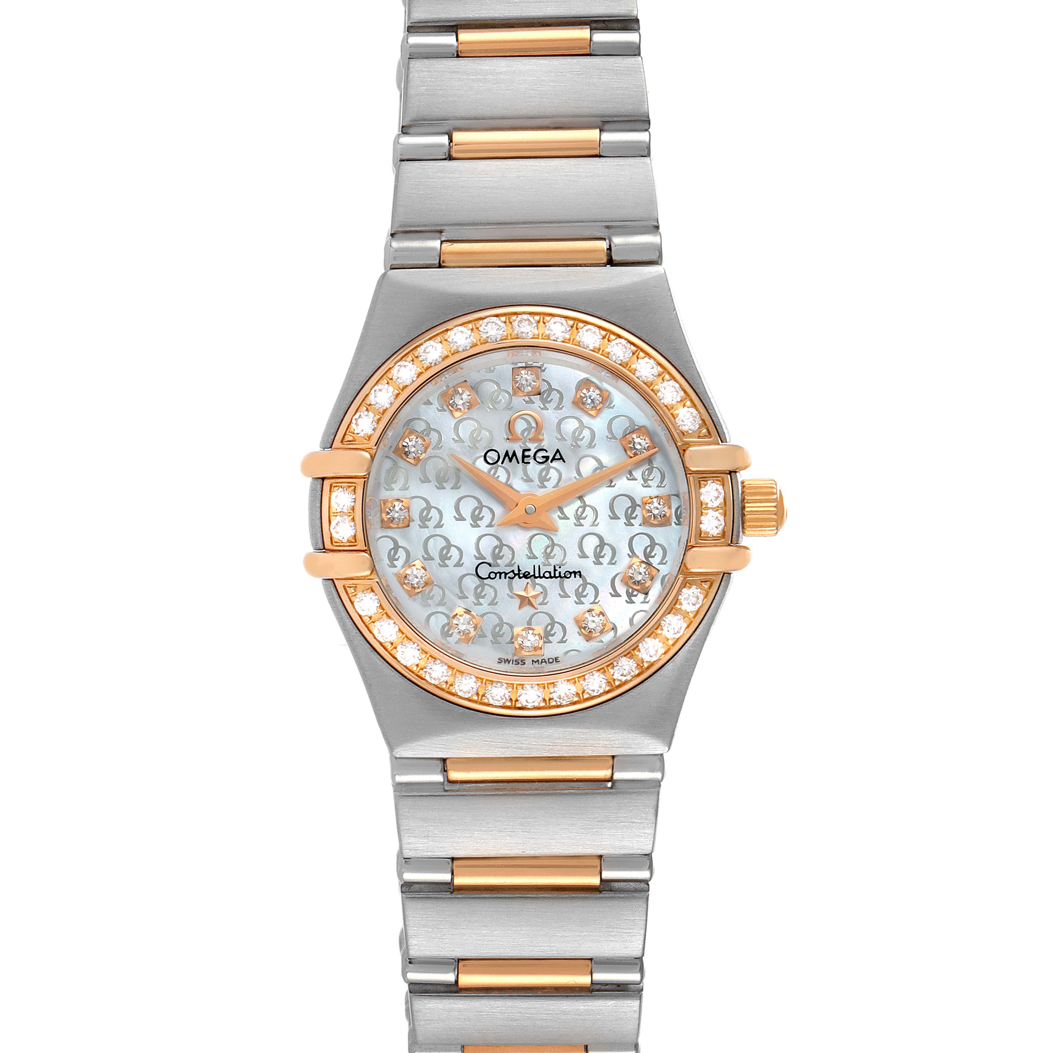 This image shows a frontal view of the Omega 1360.75.00 Women's Steel and Gold (two tone) Mother of Pearl Dial 1360.75.00 Women's Steel and Gold (two tone) Mother of Pearl Dial Constellation My Choice Steel Rose Gold Diamond Ladies Watch 1360.75.00.