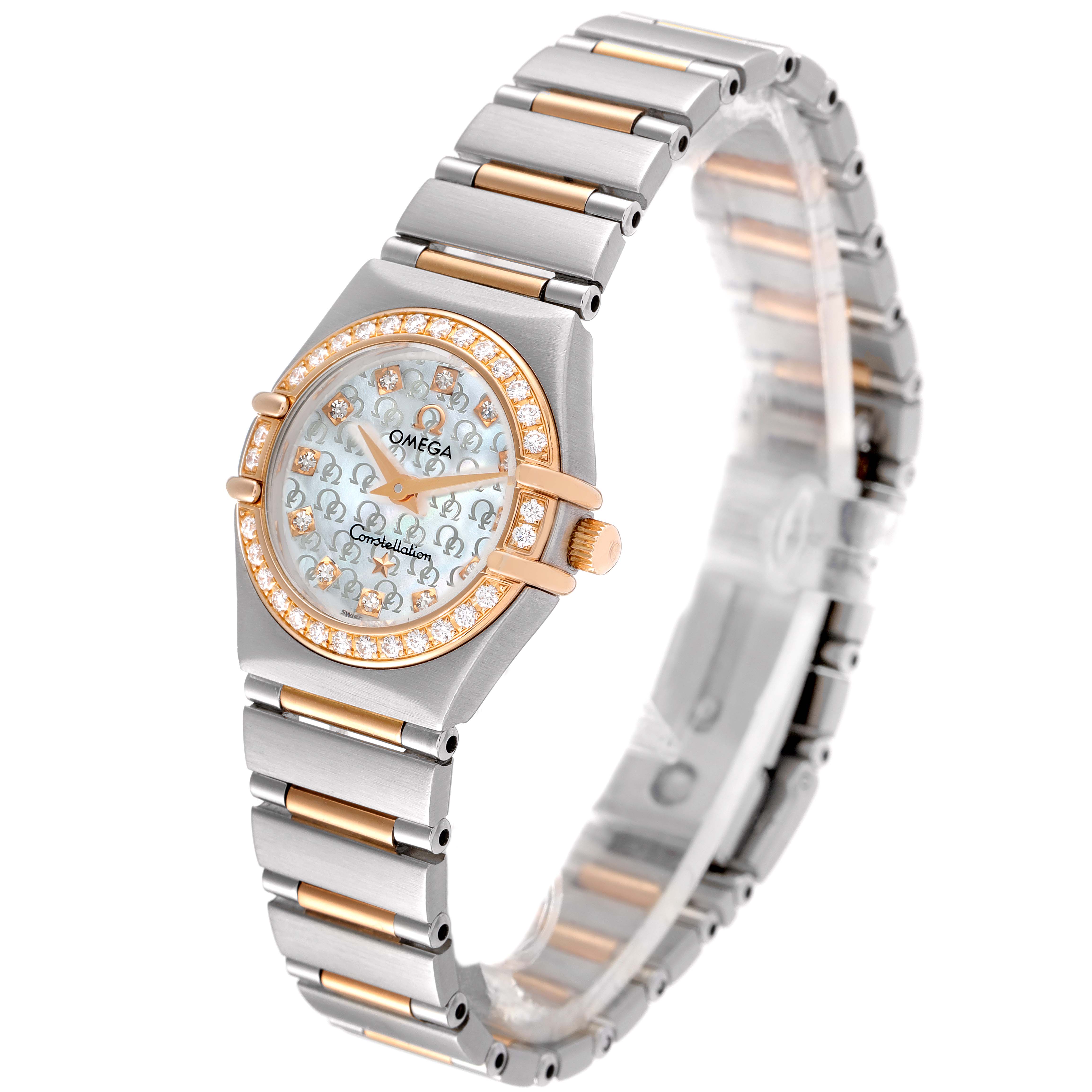 This image shows an angled view of the Omega 1360.75.00 Women's Steel and Gold (two tone) Mother of Pearl Dial 1360.75.00 Women's Steel and Gold (two tone) Mother of Pearl Dial Constellation My Choice Steel Rose Gold Diamond Ladies Watch 1360.75.00, showcasing the face and bracelet.