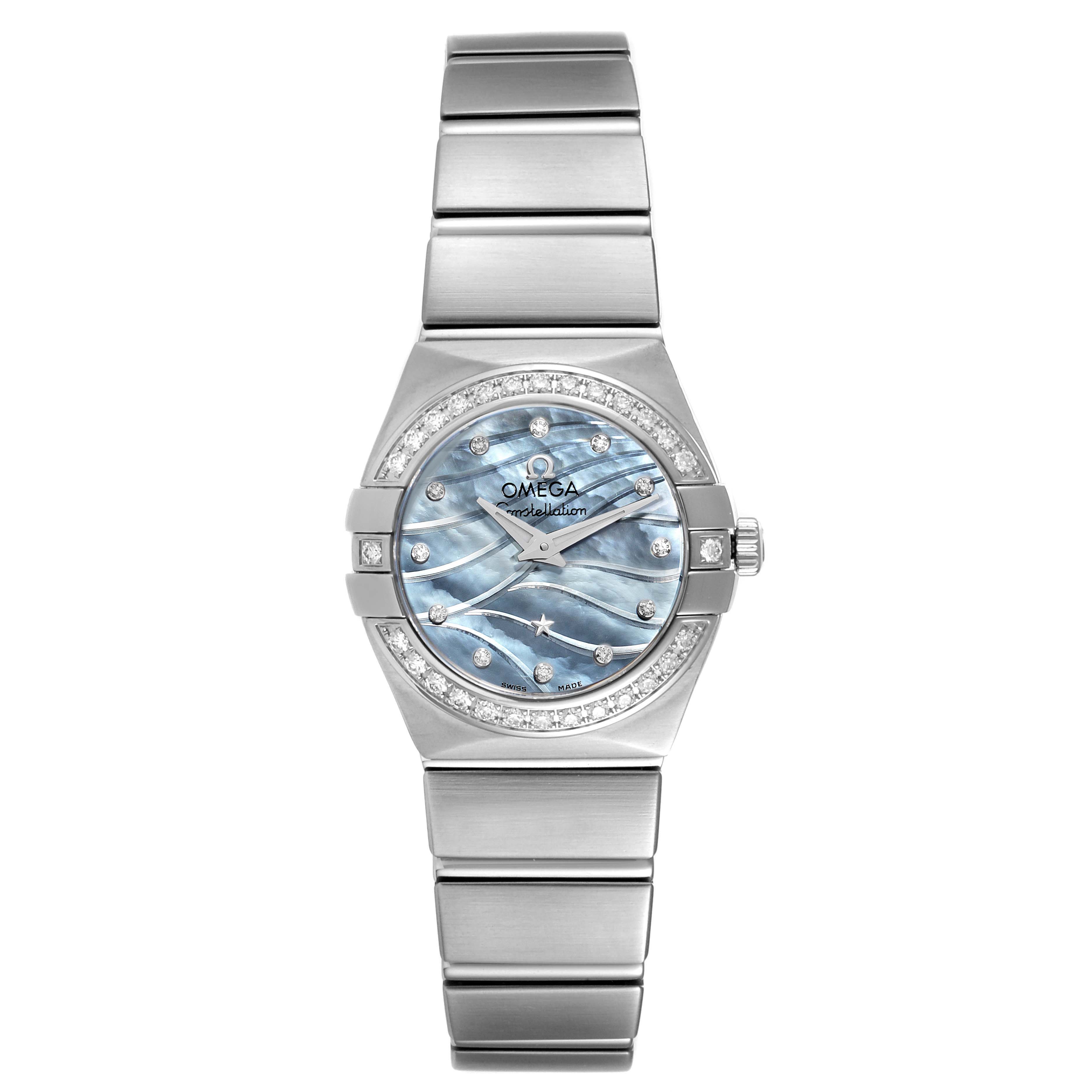 This image shows a front view of the Omega 123.15.24.60.57.001 Women
s Stainless Steel Mother of Pearl Dial 123.15.24.60.57.001 Women
s Stainless Steel Mother of Pearl Dial Constellation Quartz 24 MOP Diamond Watch 123.15.24.60.57.001.