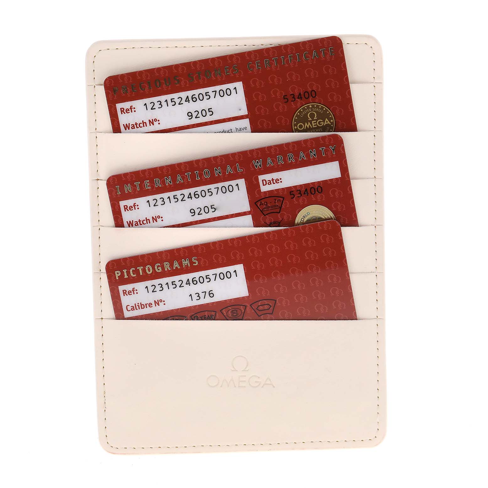 The image shows the cards for the Omega 123.15.24.60.57.001 Women
s Stainless Steel Mother of Pearl Dial 123.15.24.60.57.001 Women
s Stainless Steel Mother of Pearl Dial Constellation Quartz 24 MOP Diamond Watch 123.15.24.60.57.001 in a cream-colored holder.