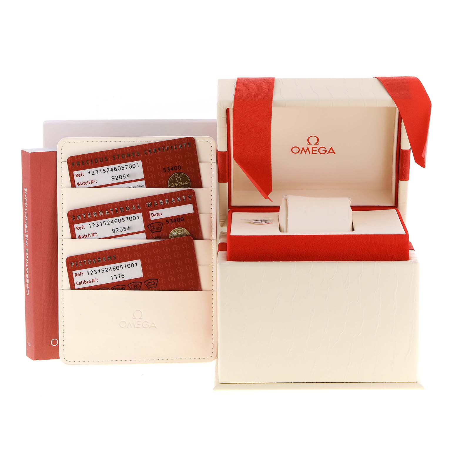 This image shows the box, cards, and manual of the Omega 123.15.24.60.57.001 Women
s Stainless Steel Mother of Pearl Dial 123.15.24.60.57.001 Women
s Stainless Steel Mother of Pearl Dial Constellation Quartz 24 MOP Diamond Watch 123.15.24.60.57.001.