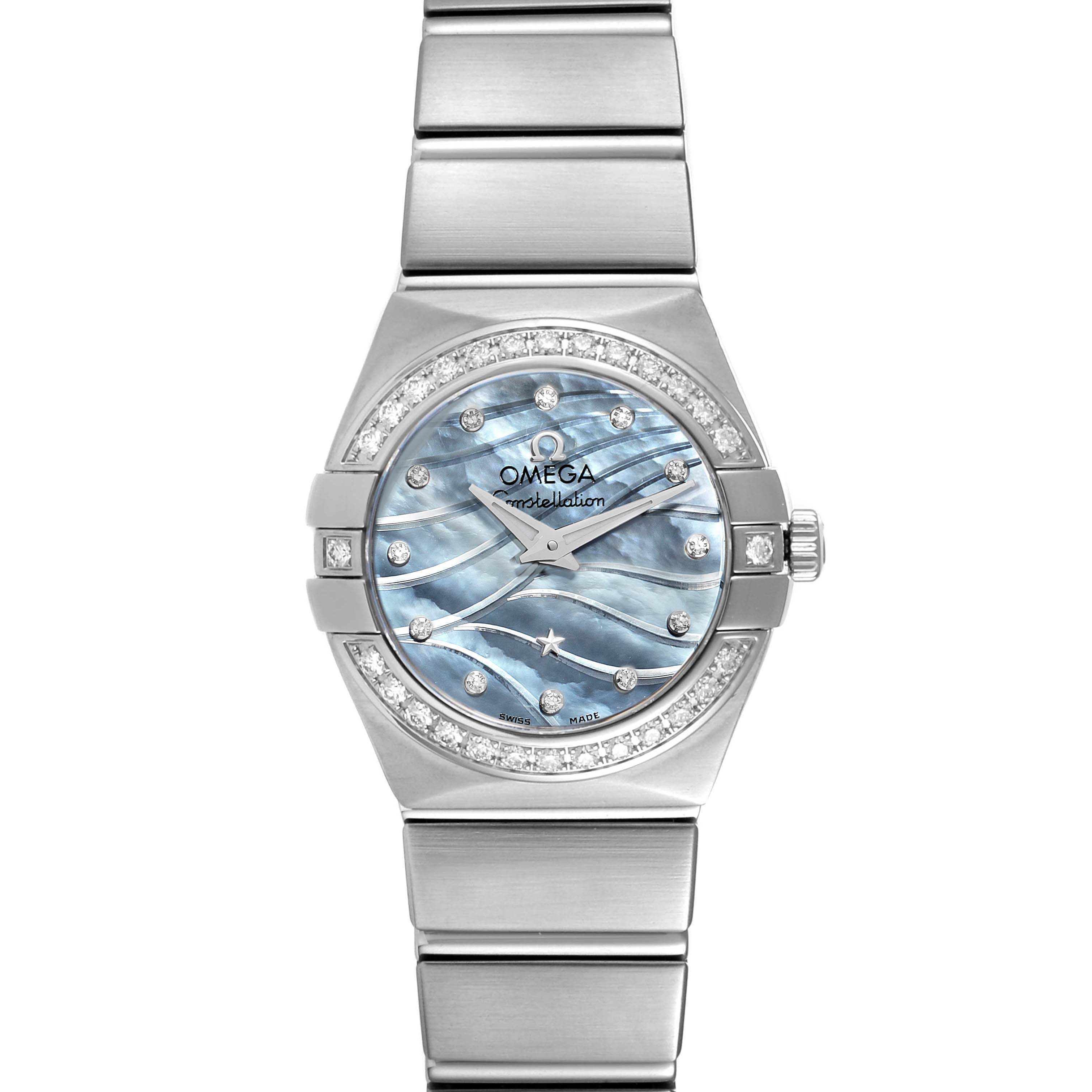 This image shows a front view of the Omega 123.15.24.60.57.001 Women
s Stainless Steel Mother of Pearl Dial 123.15.24.60.57.001 Women
s Stainless Steel Mother of Pearl Dial Constellation Quartz 24 MOP Diamond Watch 123.15.24.60.57.001, highlighting its dial, bezel, and bracelet.
