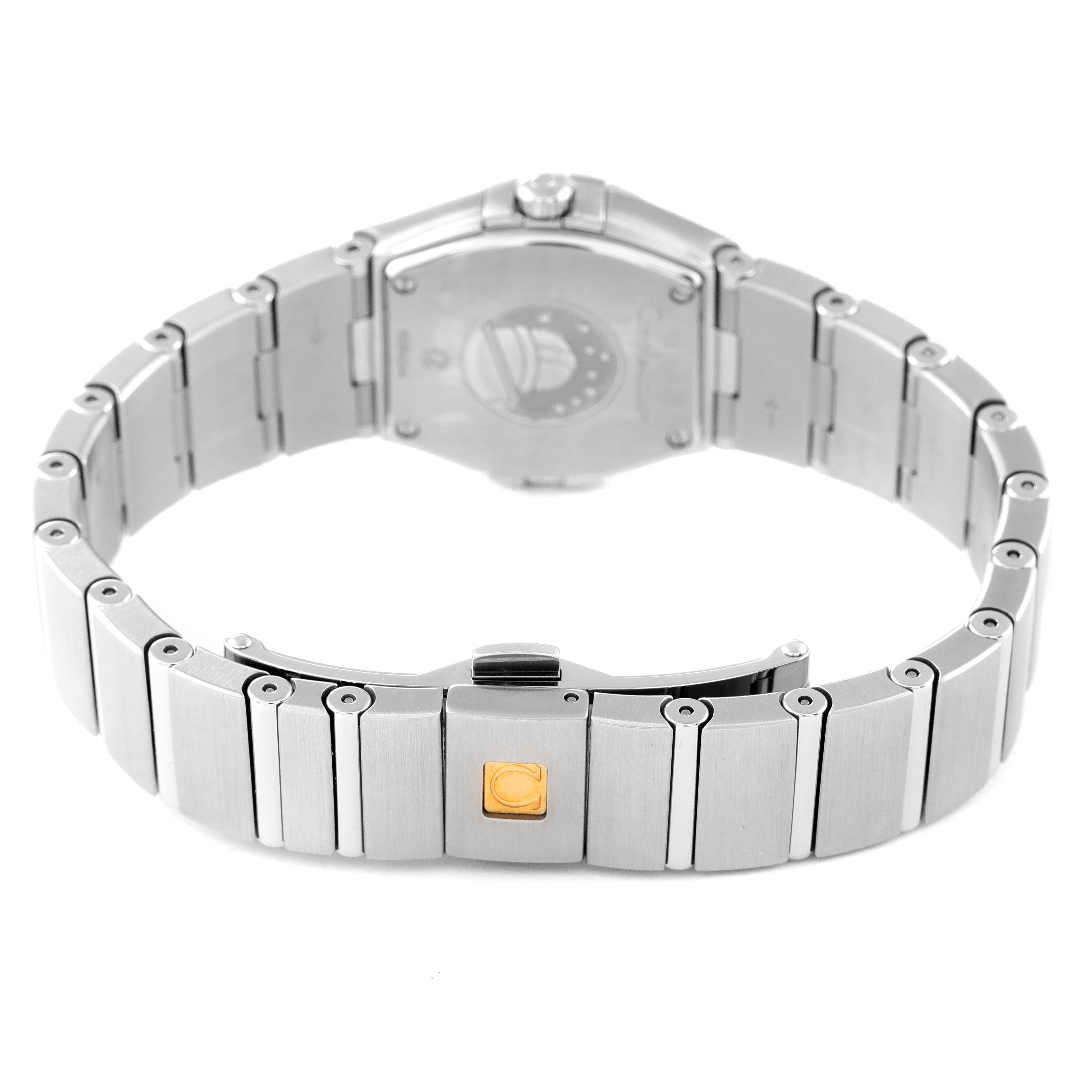 This image shows the back and bracelet of the Omega 123.15.24.60.57.001 Women
s Stainless Steel Mother of Pearl Dial 123.15.24.60.57.001 Women
s Stainless Steel Mother of Pearl Dial Constellation Quartz 24 MOP Diamond Watch 123.15.24.60.57.001.