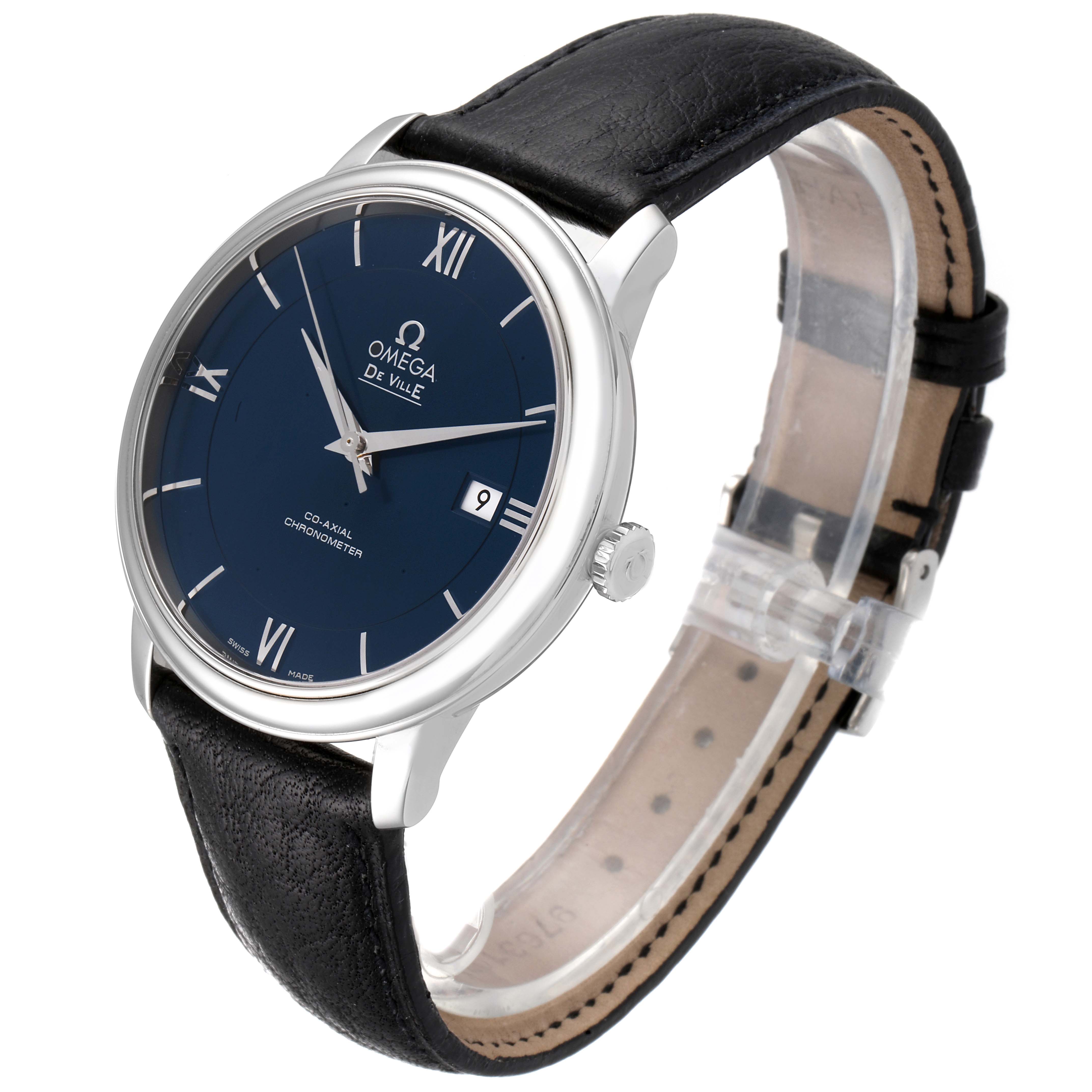 The Omega De Ville 424.13.40.20.03.001 Men's Stainless Steel Blue Dial 424.13.40.20.03.001 Men's Stainless Steel Blue Dial watch is shown at an angle displaying the face, case, crown, leather strap, and buckle.