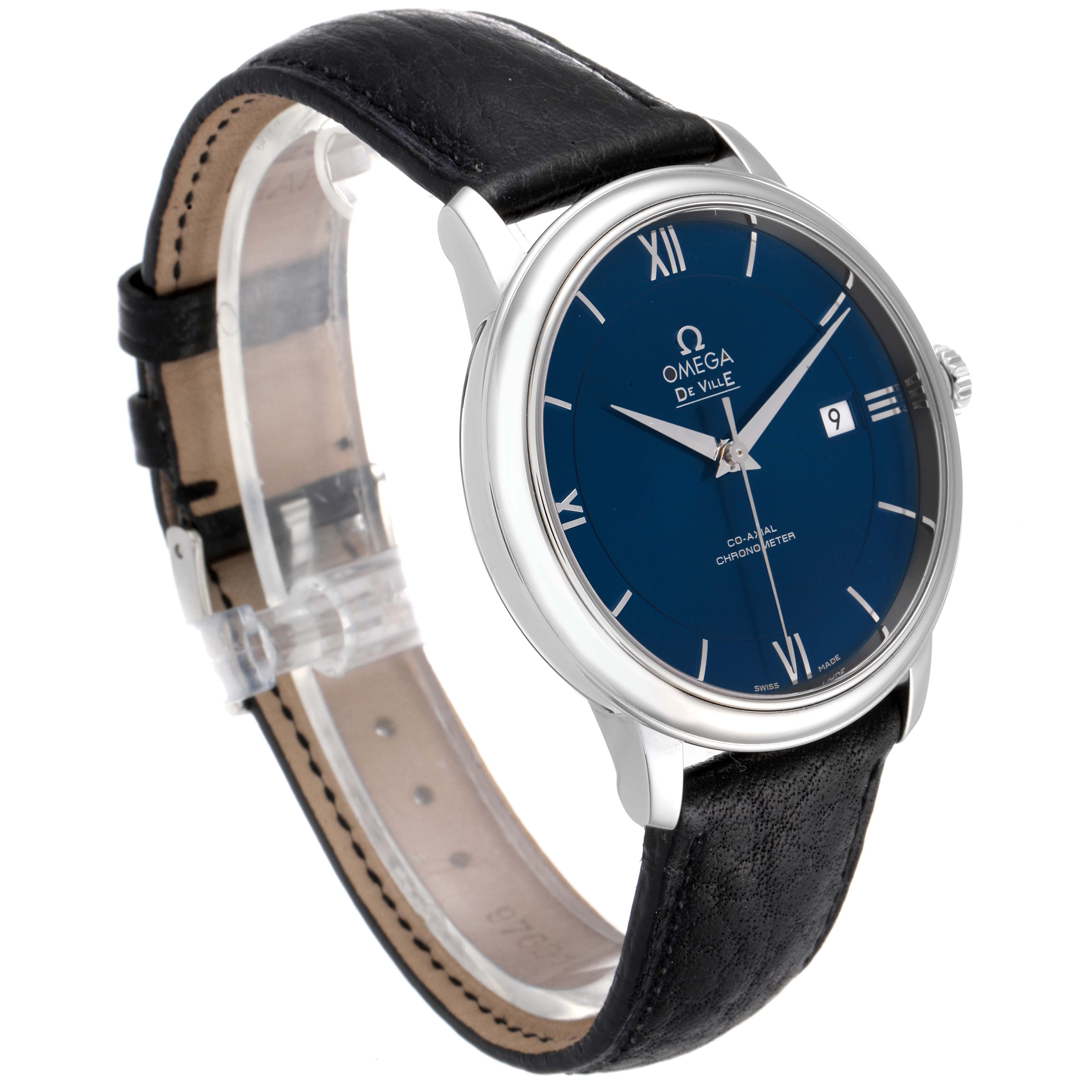 This Omega De Ville 424.13.40.20.03.001 Men's Stainless Steel Blue Dial 424.13.40.20.03.001 Men's Stainless Steel Blue Dial watch is shown at a three-quarter angle, highlighting the blue dial, silver case, and black leather strap.