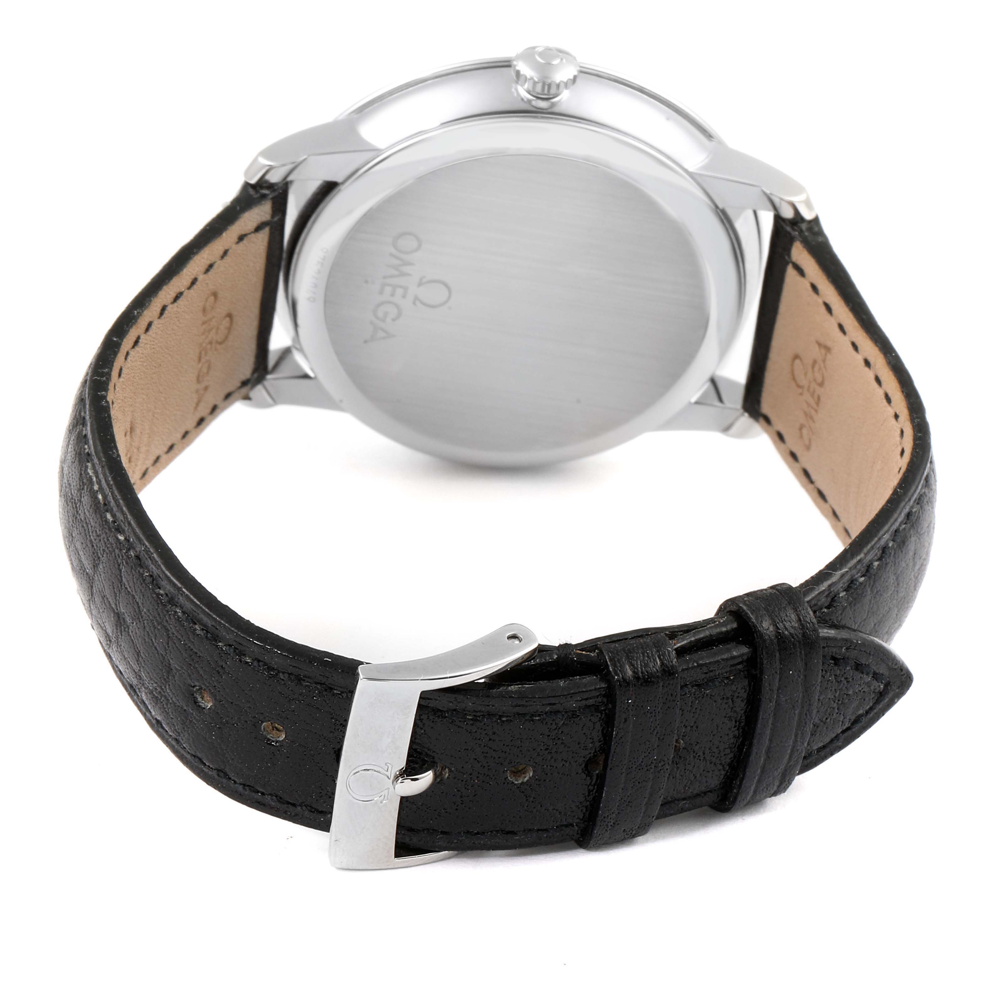 The image shows the back case and black leather strap of an Omega De Ville 424.13.40.20.03.001 Men's Stainless Steel Blue Dial 424.13.40.20.03.001 Men's Stainless Steel Blue Dial watch.