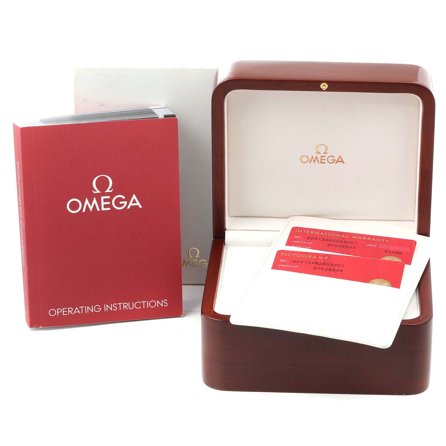 This image shows the box, operating instructions, warranty cards, and an empty presentation case for the Omega De Ville 424.13.40.20.03.001 Men's Stainless Steel Blue Dial 424.13.40.20.03.001 Men's Stainless Steel Blue Dial watch.