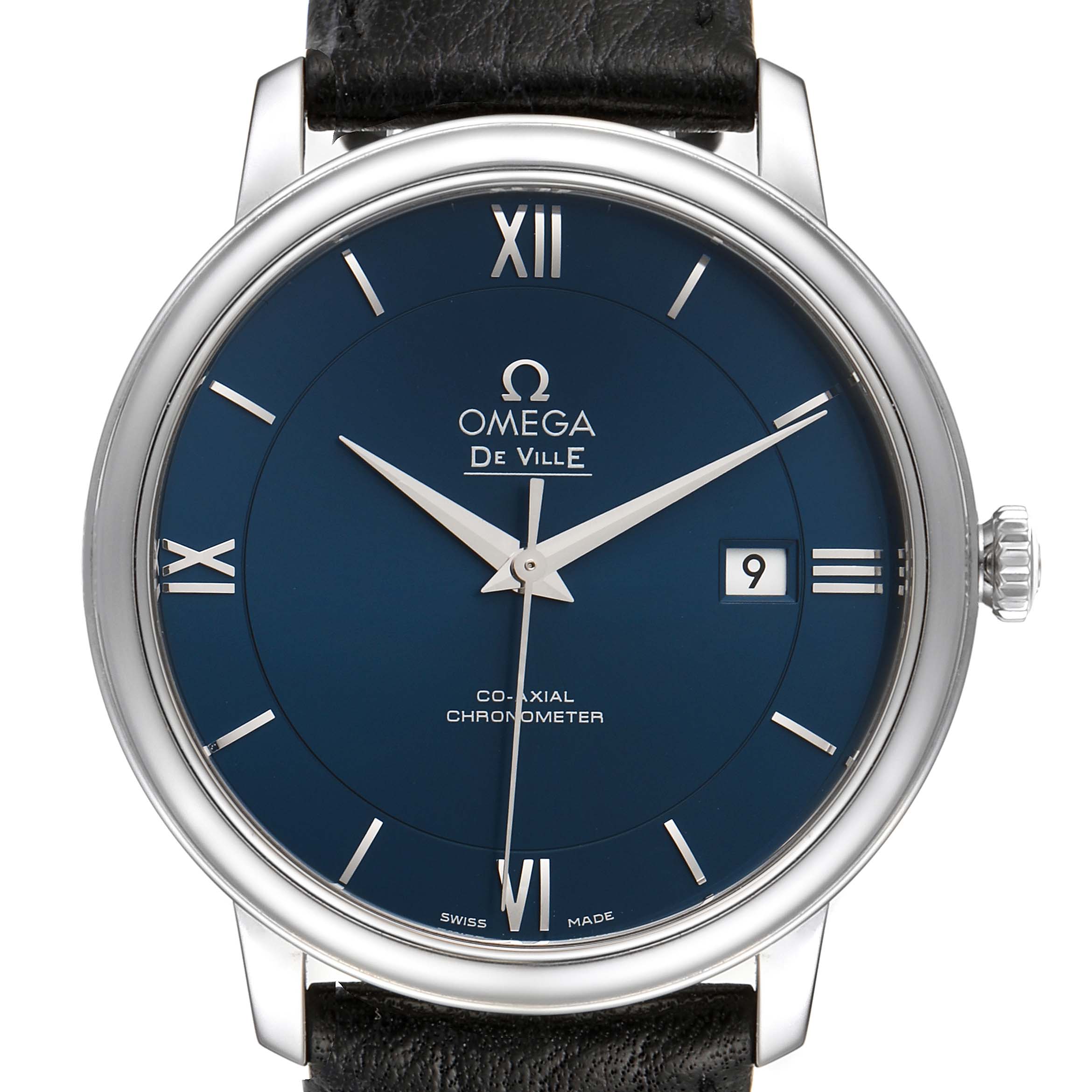 The image shows a front view of the Omega De Ville 424.13.40.20.03.001 Men's Stainless Steel Blue Dial 424.13.40.20.03.001 Men's Stainless Steel Blue Dial watch, highlighting its blue dial, Roman numerals, and black leather strap.