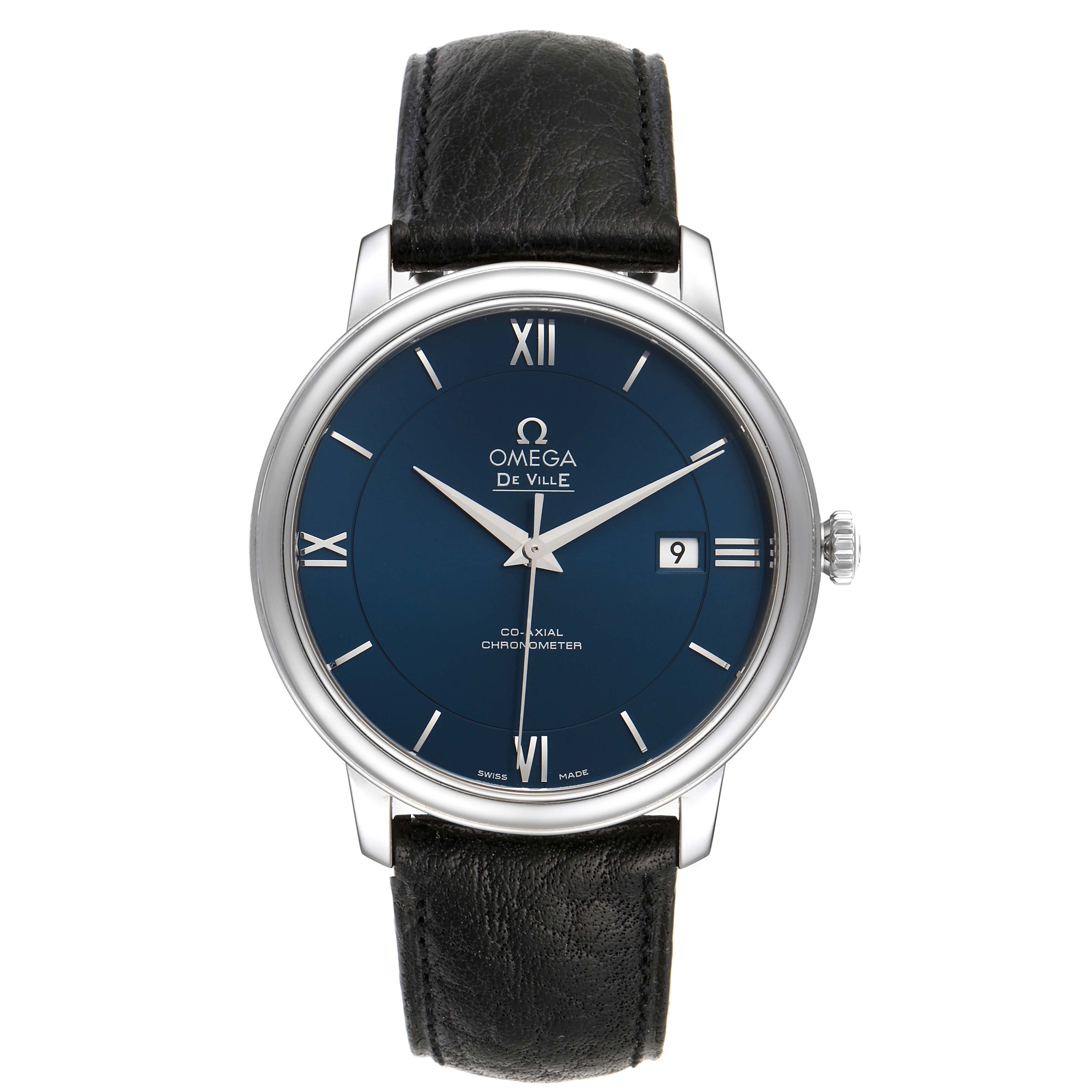 This image shows a front view of the Omega De Ville 424.13.40.20.03.001 Men's Stainless Steel Blue Dial 424.13.40.20.03.001 Men's Stainless Steel Blue Dial watch, featuring its dial, case, and leather strap.