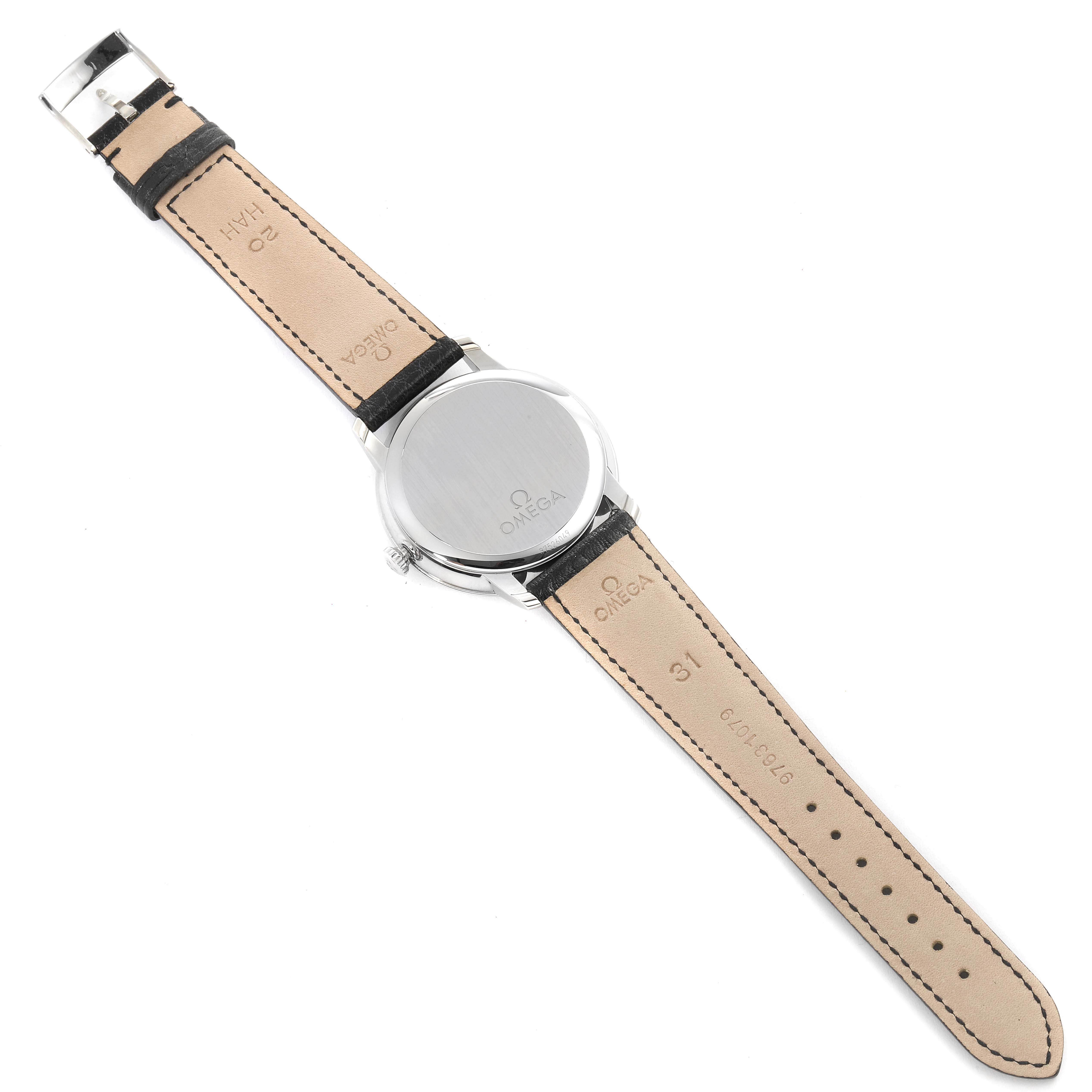 The image shows the back view of an Omega De Ville 424.13.40.20.03.001 Men's Stainless Steel Blue Dial 424.13.40.20.03.001 Men's Stainless Steel Blue Dial watch, highlighting the leather straps and the case back.