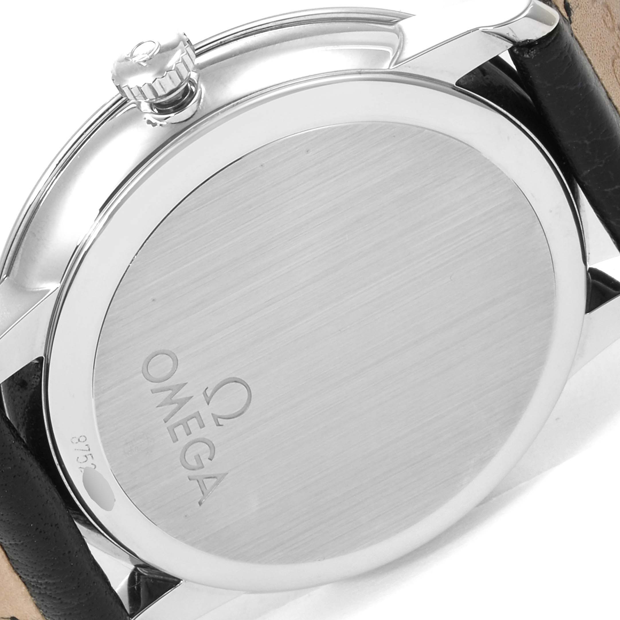 The image shows the back case and crown of an Omega De Ville 424.13.40.20.03.001 Men's Stainless Steel Blue Dial 424.13.40.20.03.001 Men's Stainless Steel Blue Dial watch at an oblique angle.