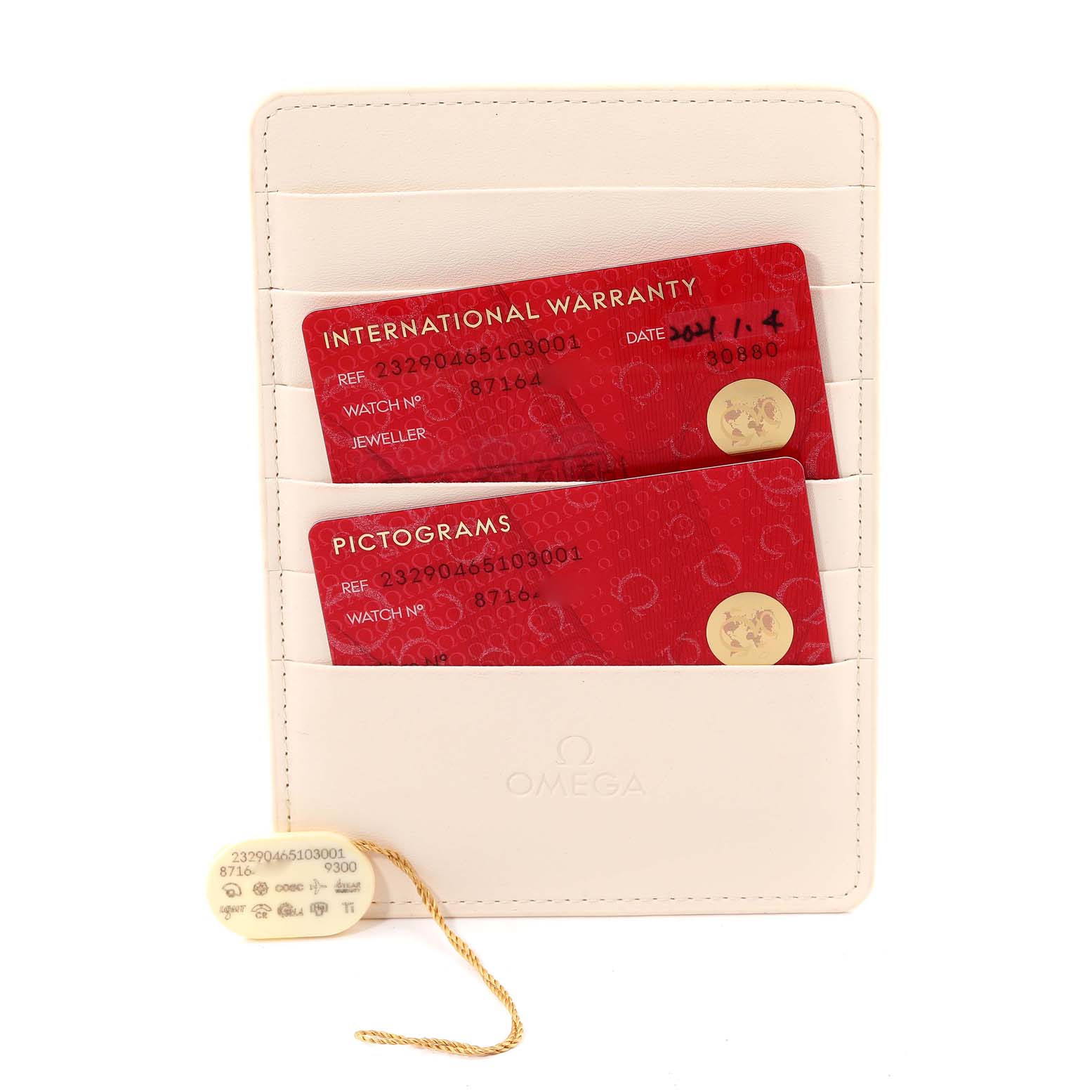 This image shows the warranty and pictogram cards for an Omega Planet Ocean 232.90.46.51.03.001 Men
s Titanium Blue Dial 232.90.46.51.03.001 Men
s Titanium Blue Dial watch in a white Omega cardholder.