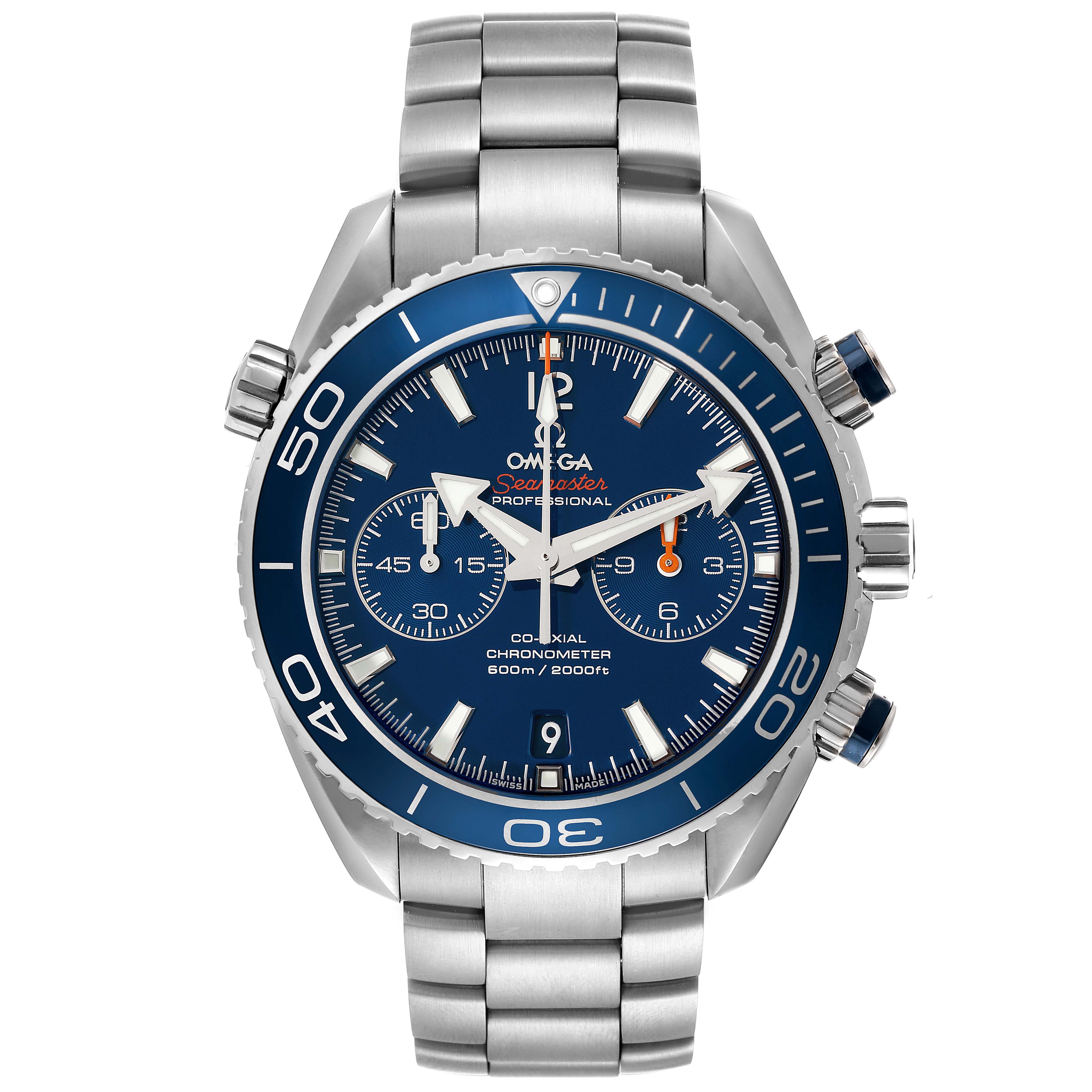 The Omega Planet Ocean 232.90.46.51.03.001 Men
s Titanium Blue Dial 232.90.46.51.03.001 Men
s Titanium Blue Dial watch is shown from a front angle, displaying its dial, bezel, and metal strap.