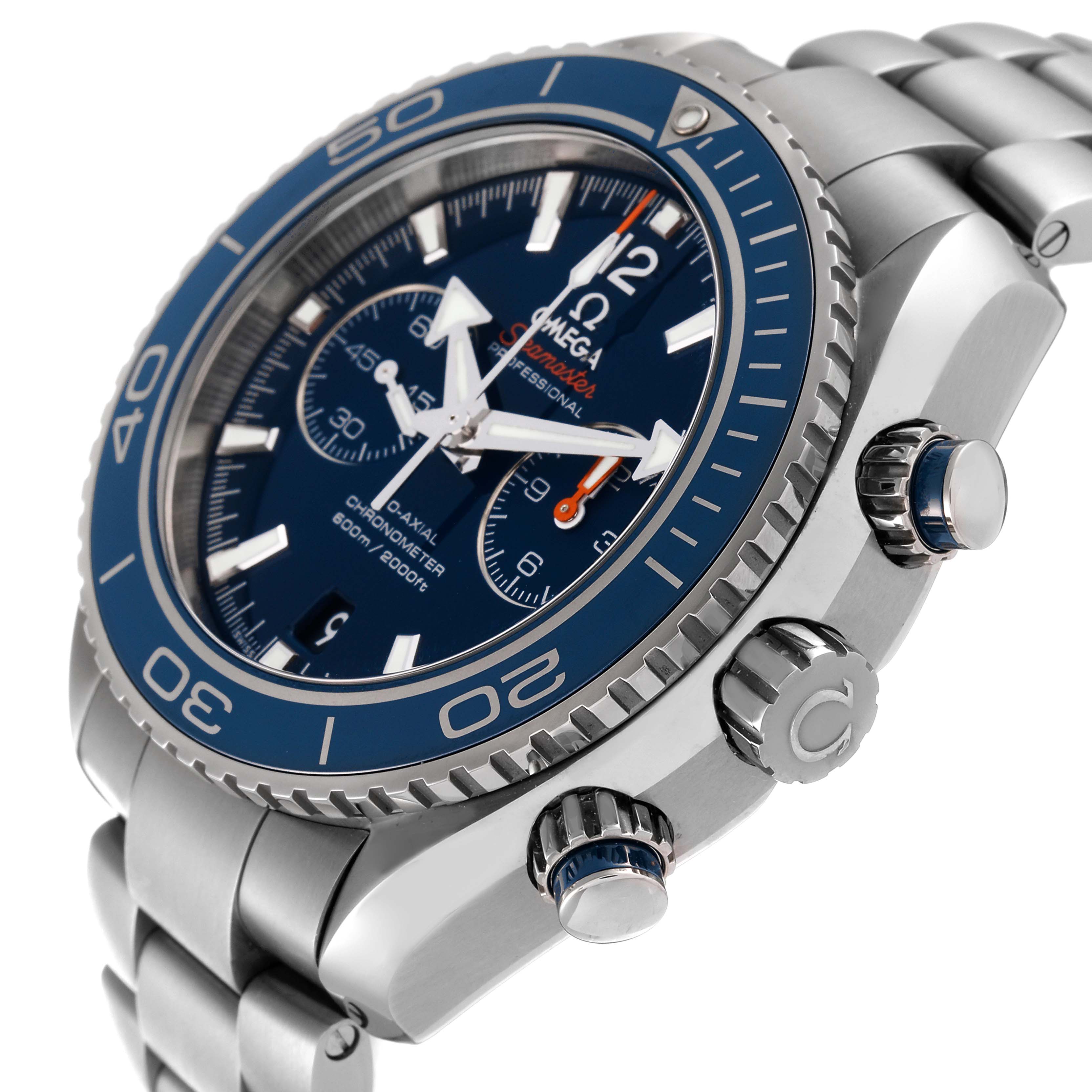 The image shows a side angle of an Omega Planet Ocean 232.90.46.51.03.001 Men
s Titanium Blue Dial 232.90.46.51.03.001 Men
s Titanium Blue Dial watch, focusing on the bezel, dial, crown, and bracelet.