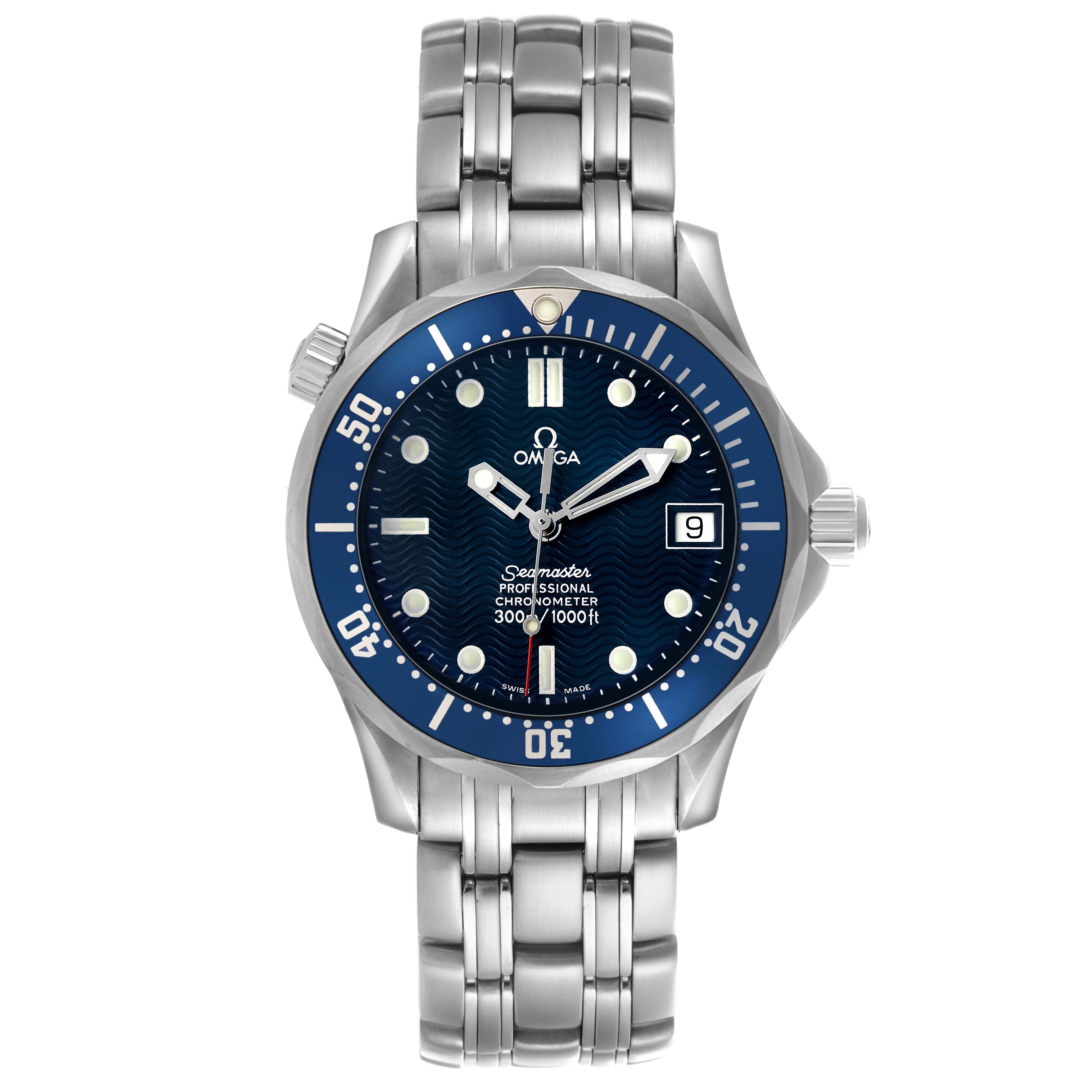 The Omega Seamaster 2551.80.00 Men's Stainless Steel Blue Dial watch is shown from a front angle, highlighting its face, bezel, bracelet, and date feature.