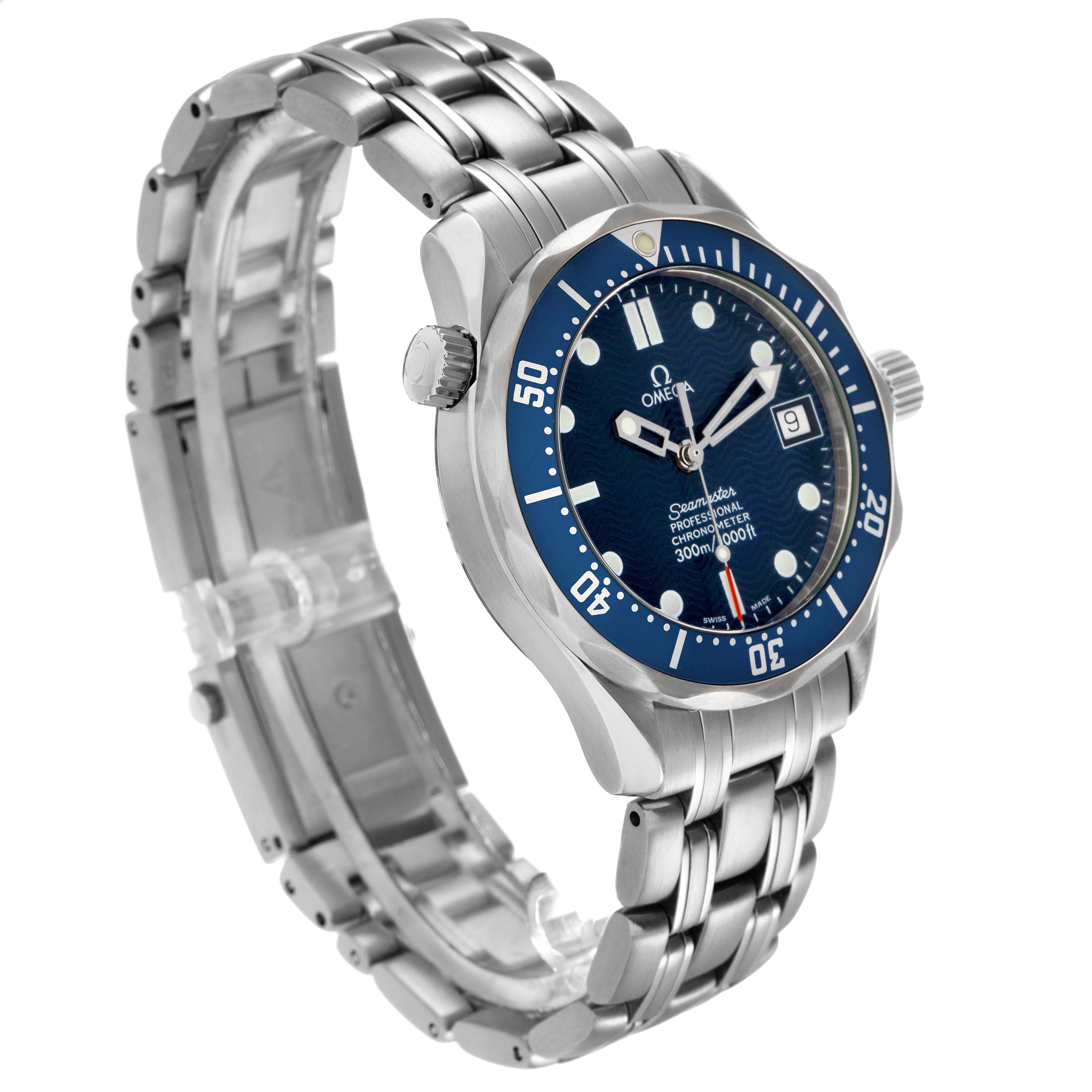 The image shows an angled view of the Omega Seamaster 2551.80.00 Men's Stainless Steel Blue Dial watch, highlighting the blue dial, bezel, crown, and metal bracelet.