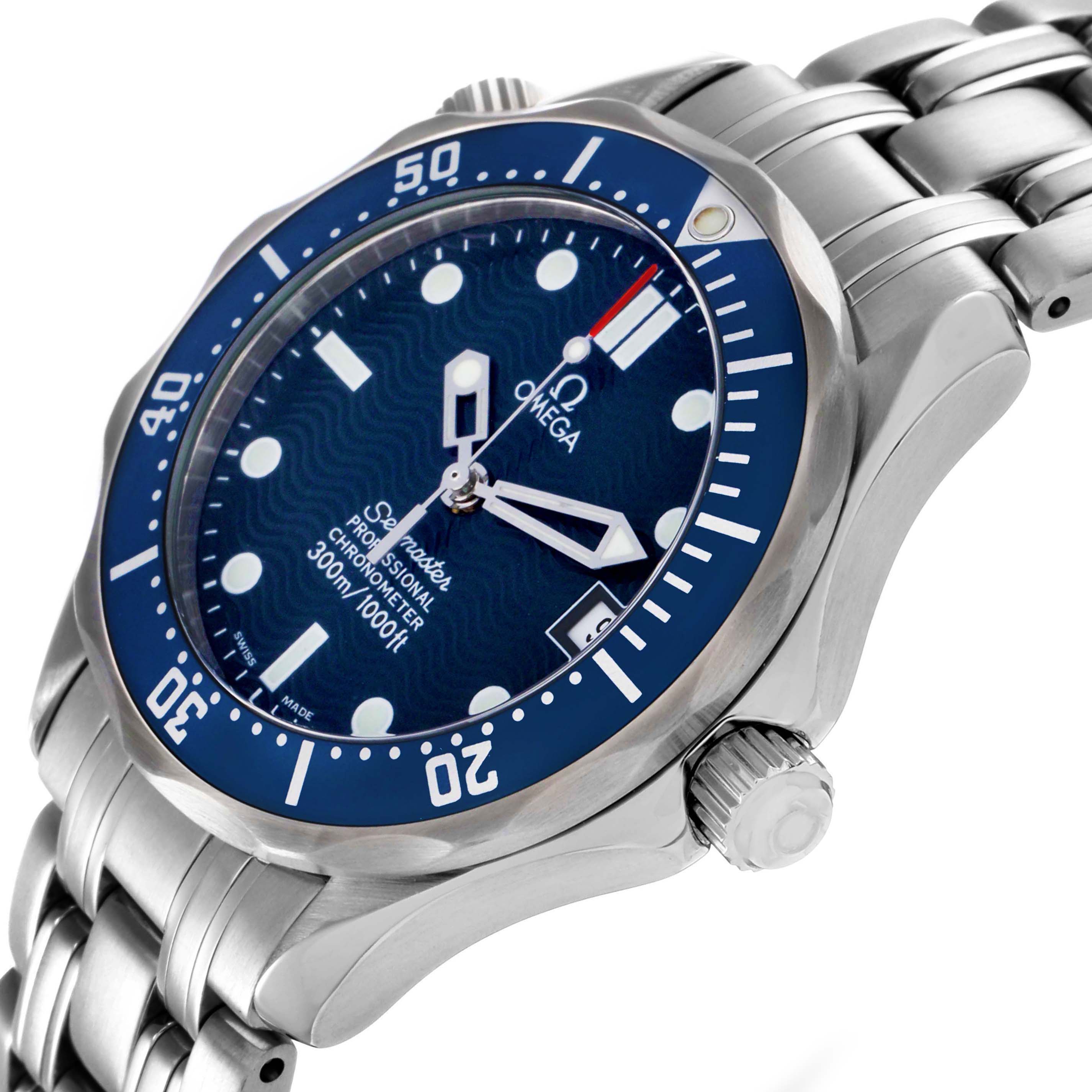 The Omega Seamaster 2551.80.00 Men's Stainless Steel Blue Dial watch is shown at a slight angle, highlighting its face, bezel, crown, and stainless steel bracelet.