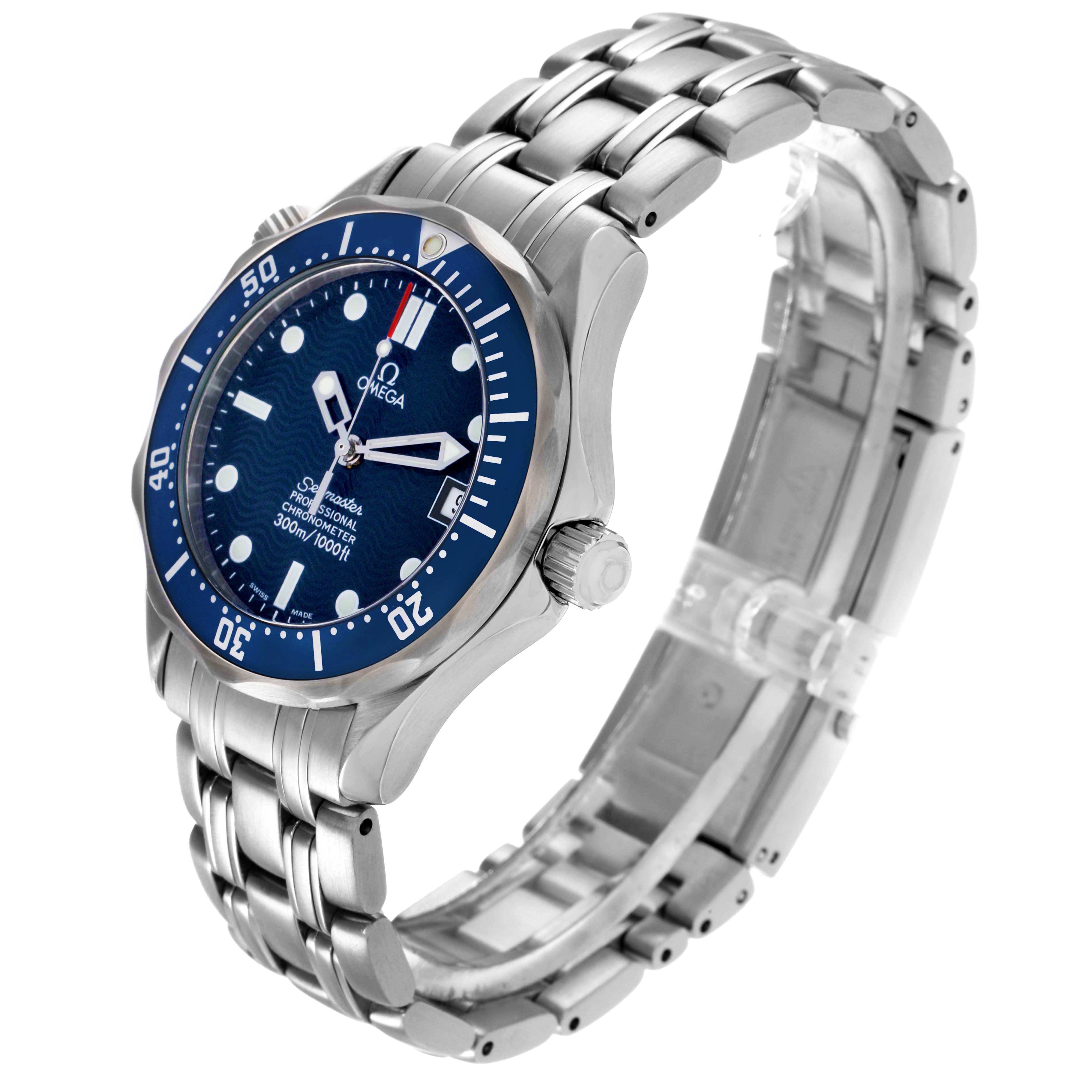 The Omega Seamaster 2551.80.00 Men's Stainless Steel Blue Dial watch is shown at a three-quarter angle, displaying its face, bezel, crown, and metal bracelet band.