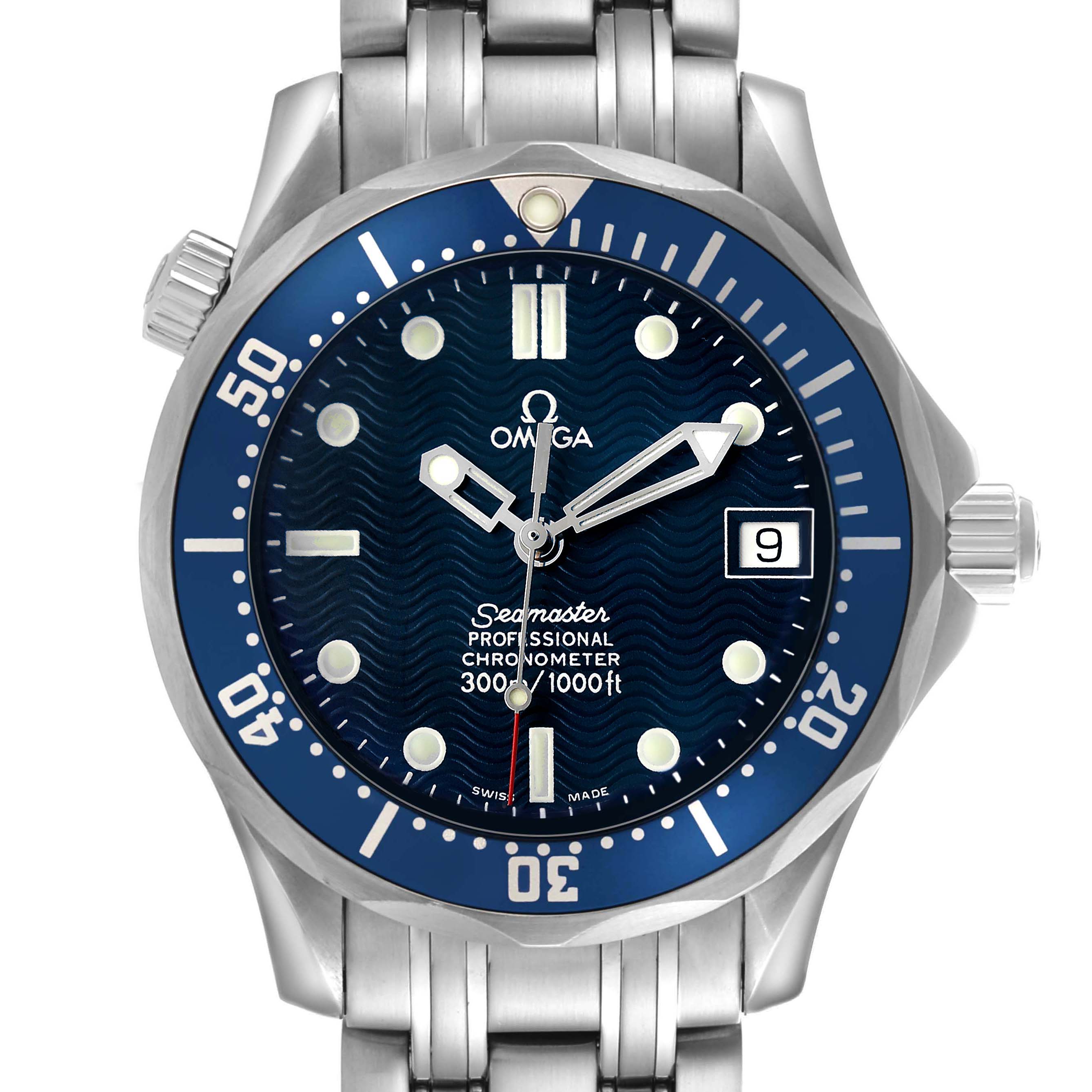 The Omega Seamaster 2551.80.00 Men's Stainless Steel Blue Dial watch is shown from a front angle, highlighting its blue dial, bezel, and metal bracelet.