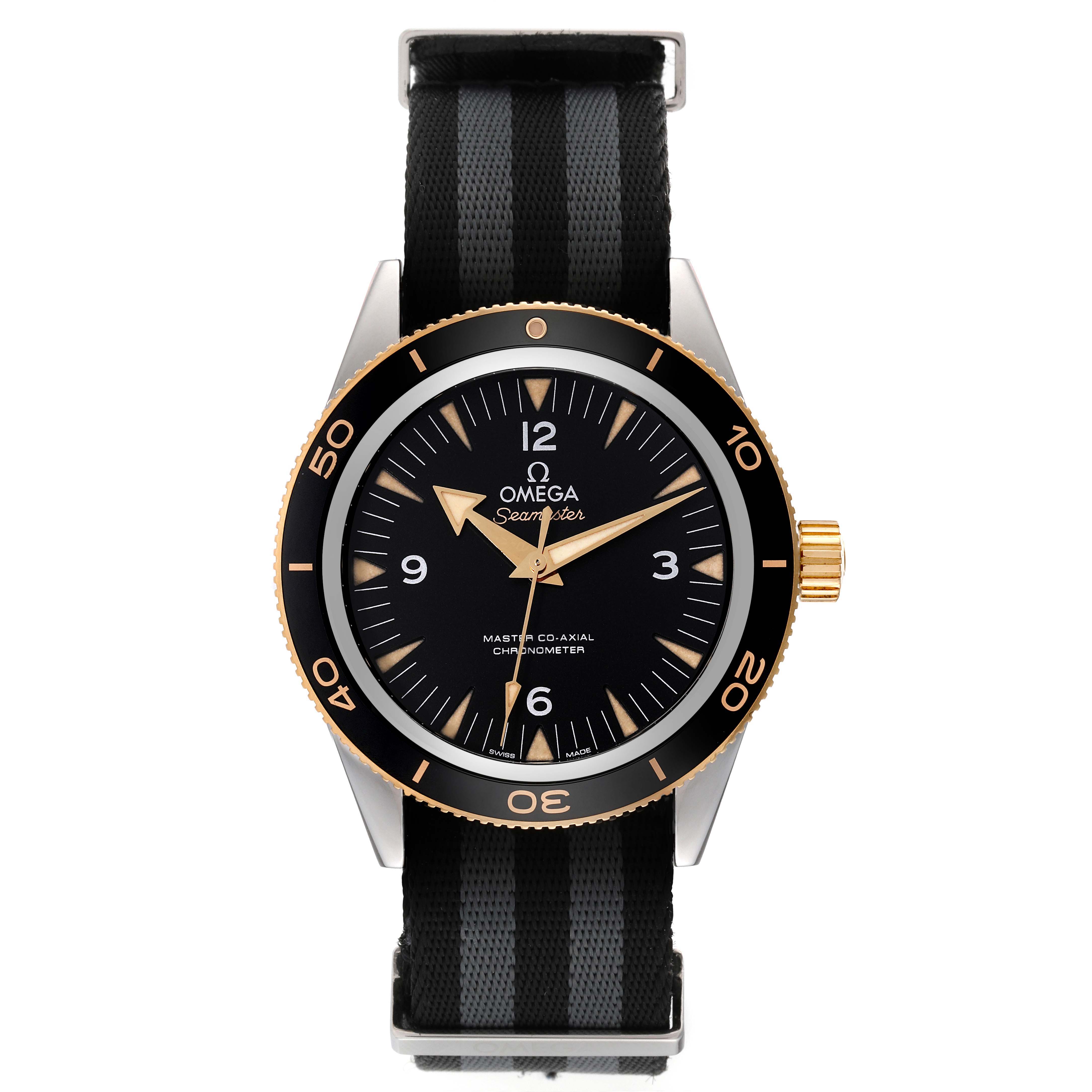 This image shows the front view of an Omega Seamaster 233.22.41.21.01.001 Men's Steel and Gold (two tone) Black Dial 233.22.41.21.01.001 Men's Steel and Gold (two tone) Black Dial watch, including the dial, bezel, and band.
