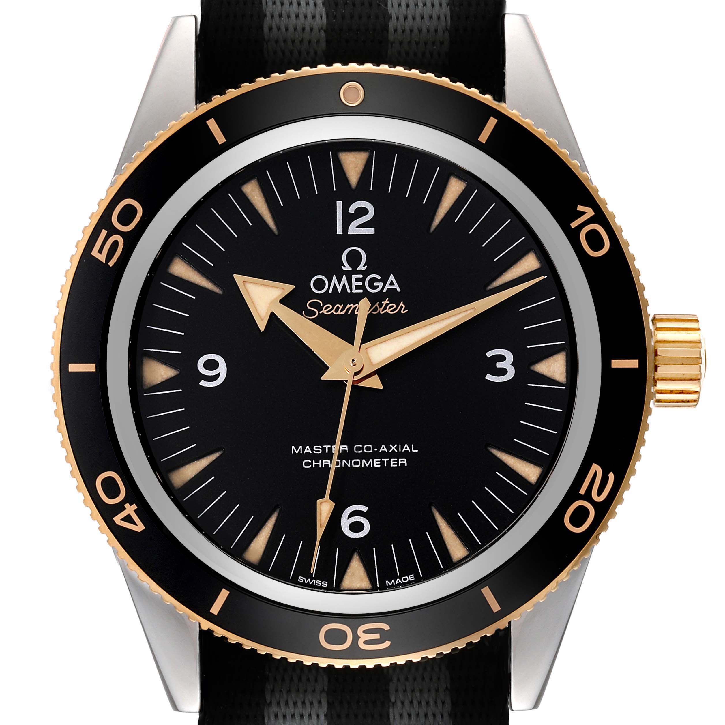 The image shows the face of an Omega Seamaster 233.22.41.21.01.001 Men's Steel and Gold (two tone) Black Dial 233.22.41.21.01.001 Men's Steel and Gold (two tone) Black Dial watch, featuring the dial, bezel, hands, and crown, viewed from the front.