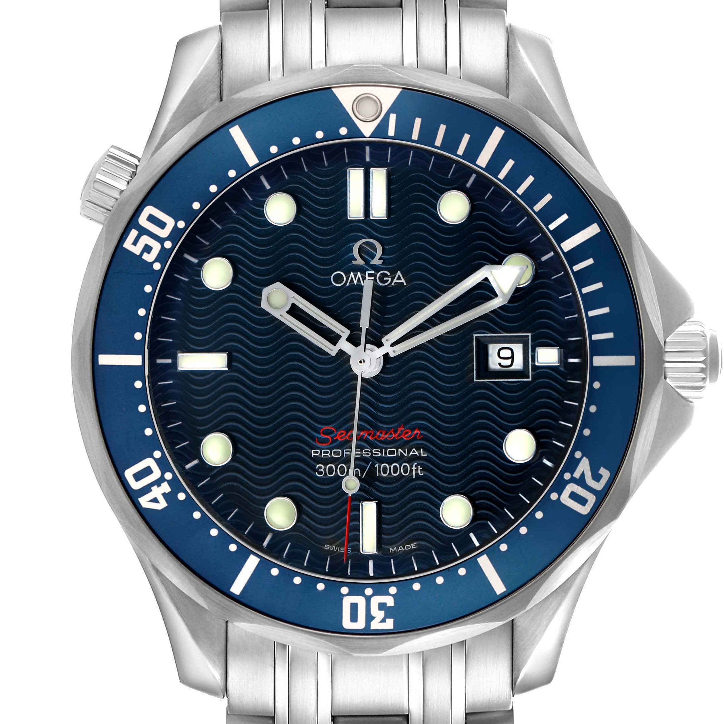 The Omega Seamaster 2221.80.00 Men's Stainless Steel Blue Dial watch is shown from the front, highlighting the dial, bezel, date window, and stainless steel bracelet.