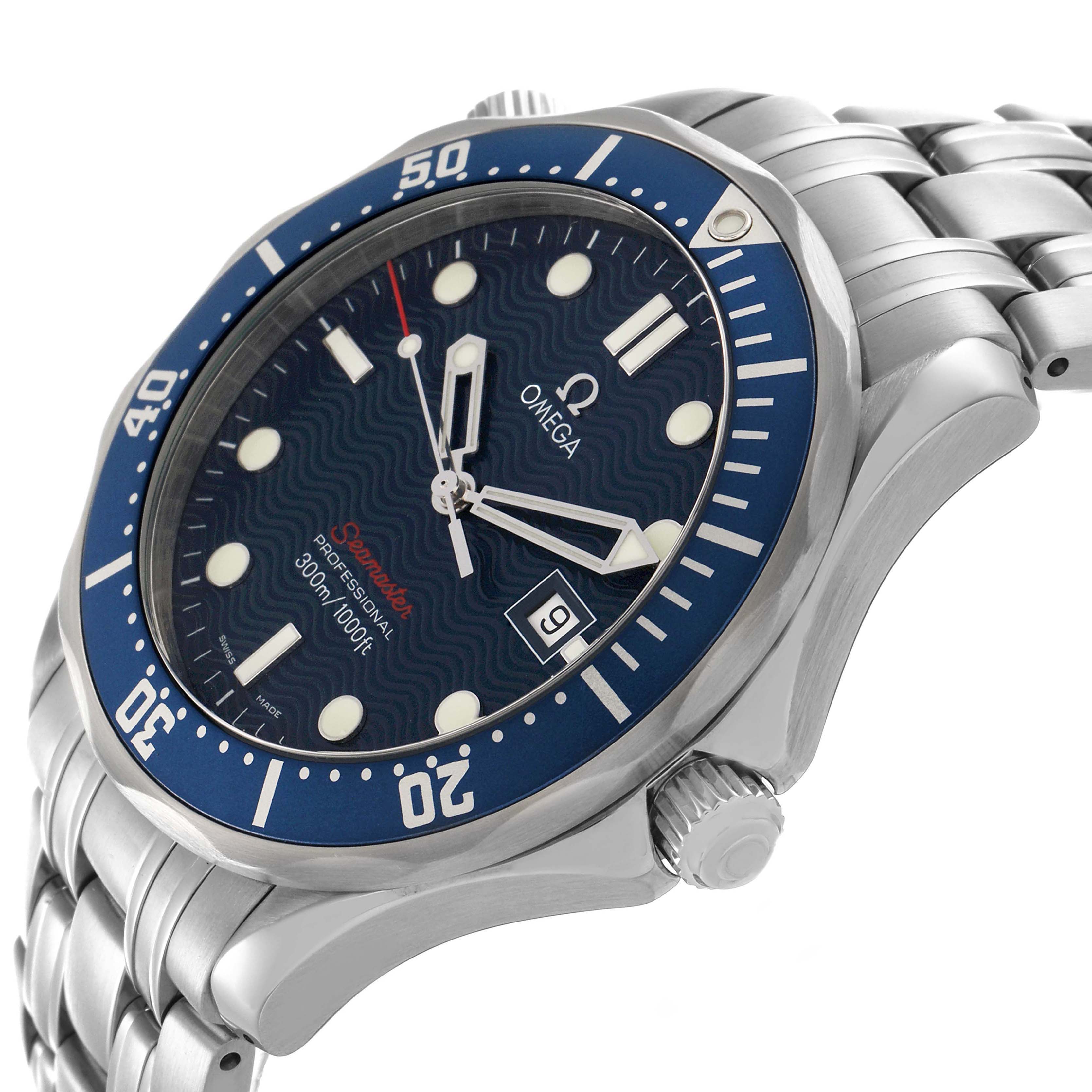 The Omega Seamaster 2221.80.00 Men's Stainless Steel Blue Dial watch is shown at an angle highlighting the face, bezel, crown, and bracelet.