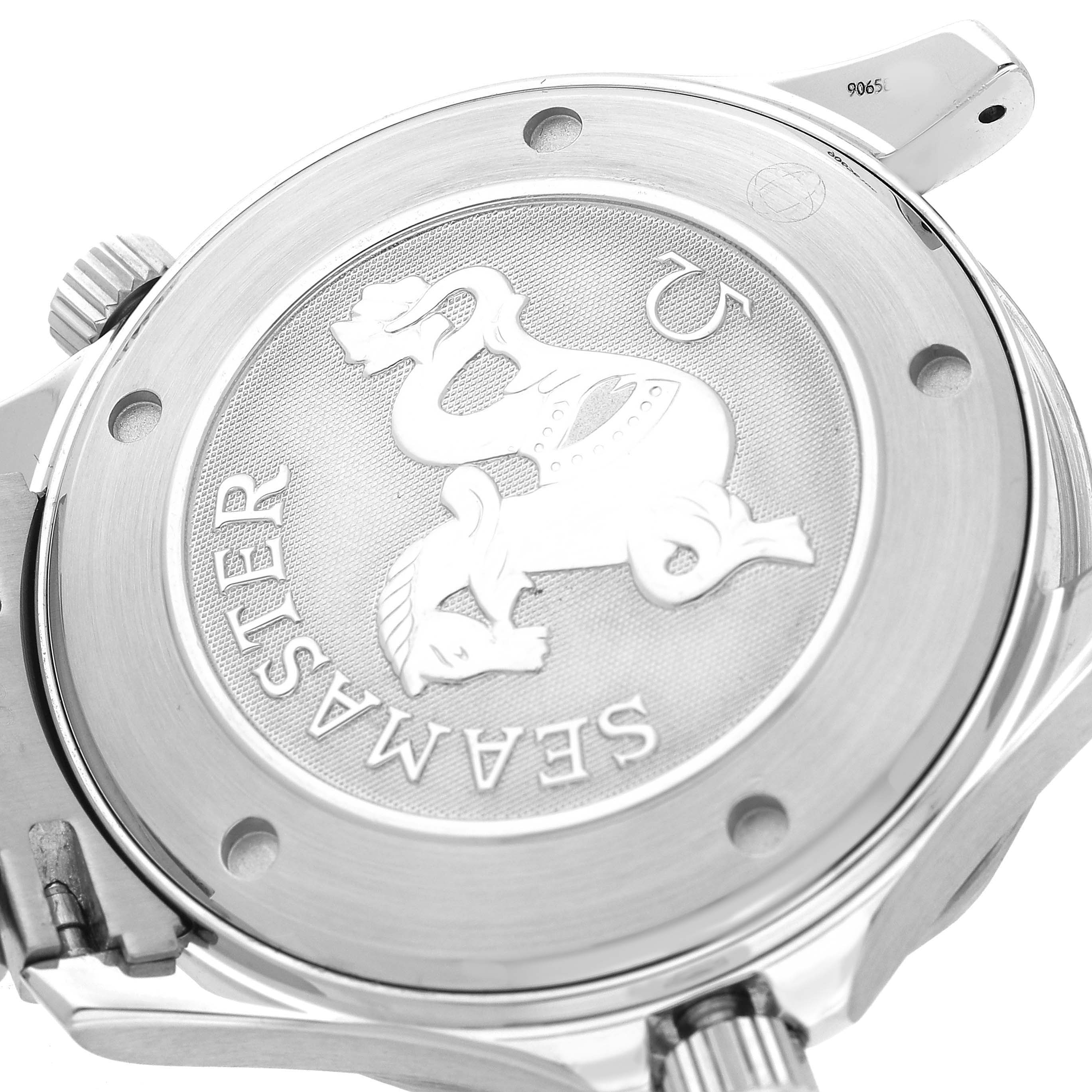 The image shows the case back of an Omega Seamaster 2221.80.00 Men's Stainless Steel Blue Dial watch featuring a decorative engraving.