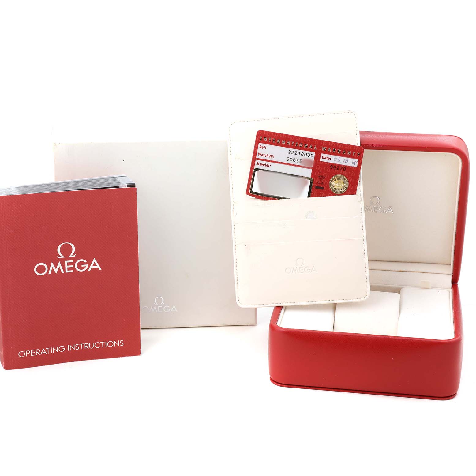 The image shows Omega Seamaster 2221.80.00 Men's Stainless Steel Blue Dial packaging, including the box, warranty card, and operating instructions from a front angle.