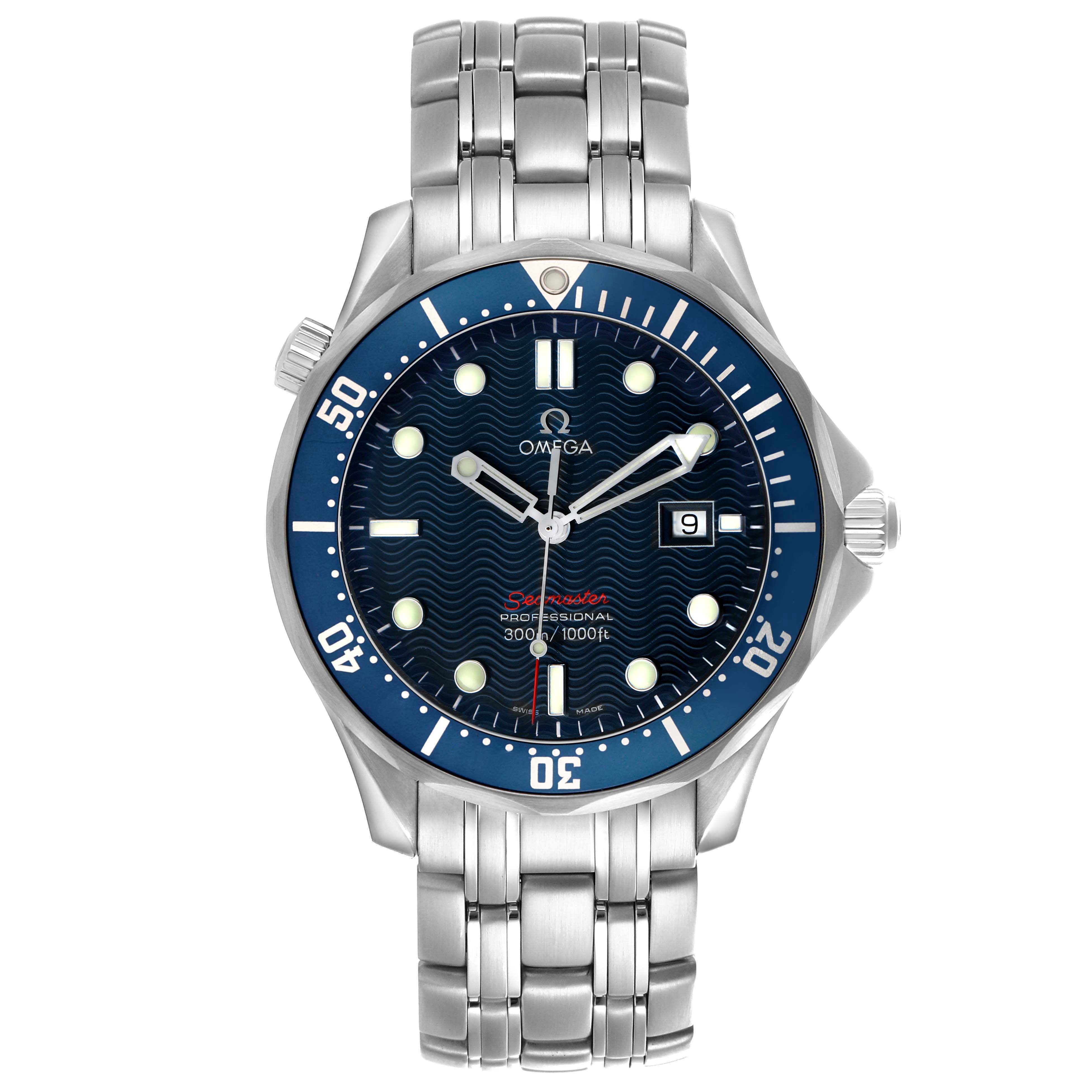 The Omega Seamaster 2221.80.00 Men's Stainless Steel Blue Dial watch is shown from the front, displaying the dial, bezel, bracelet, and crown.